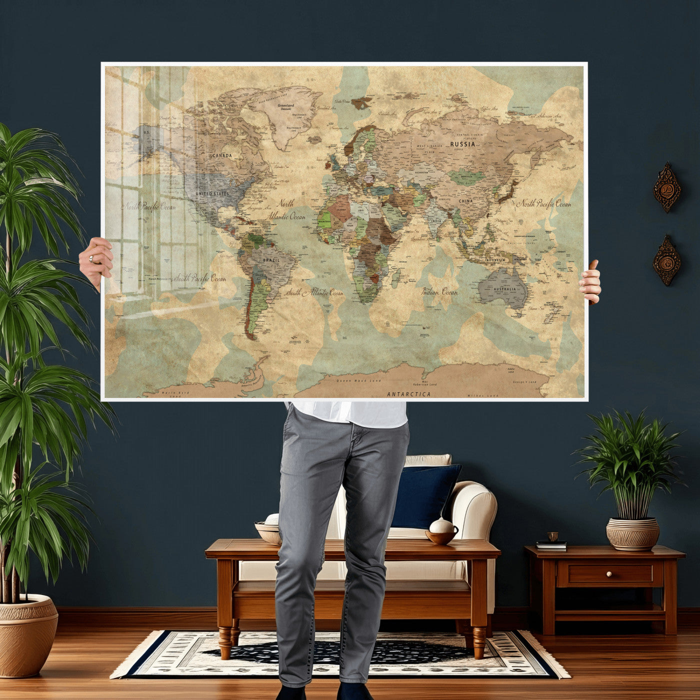 72396478-MGV-CV-36X24 - World Map Wall Art Canvas Print, Modern Decorative Framed Map Artwork Prints for Living Room, Office, Bedroom Wall Decor