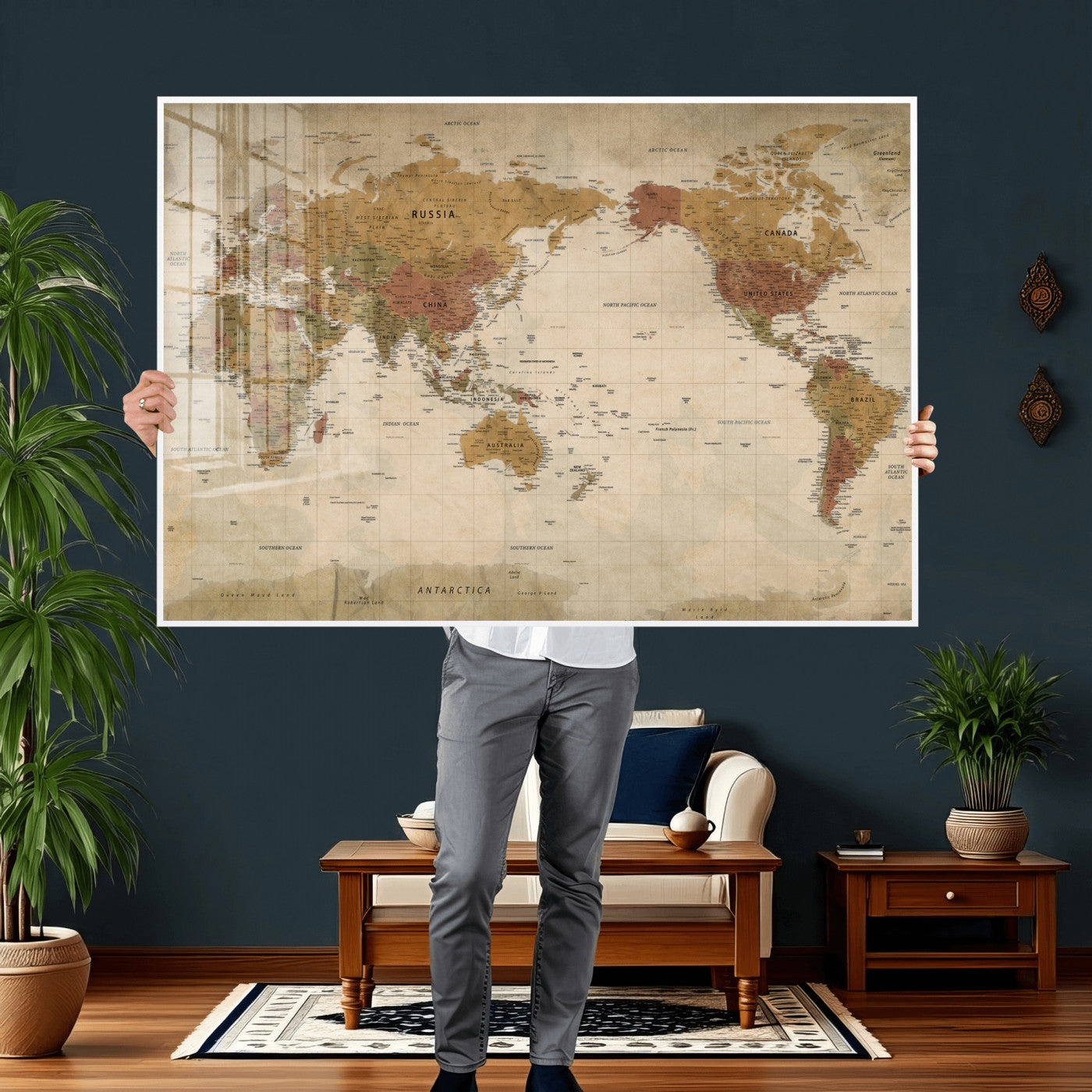 83478963-MGV-CV-36X24 - World Map Wall Art Canvas Print, Modern Decorative Framed Map Artwork Prints for Living Room, Office, Bedroom Wall Decor
