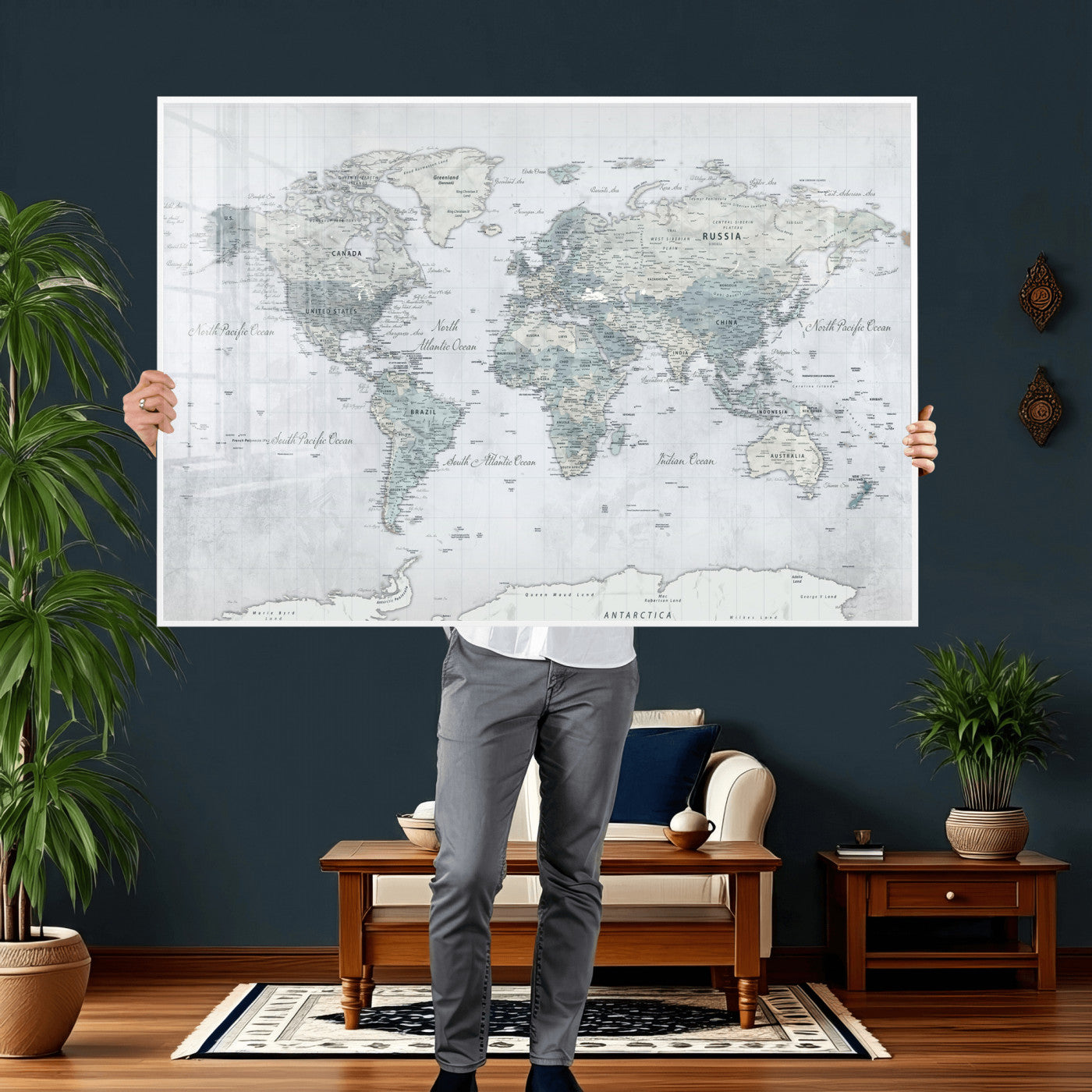71091917-MGV-CV-36X24 - World Map Wall Art Canvas Print, Modern Decorative Framed Map Artwork Prints for Living Room, Office, Bedroom Wall Decor