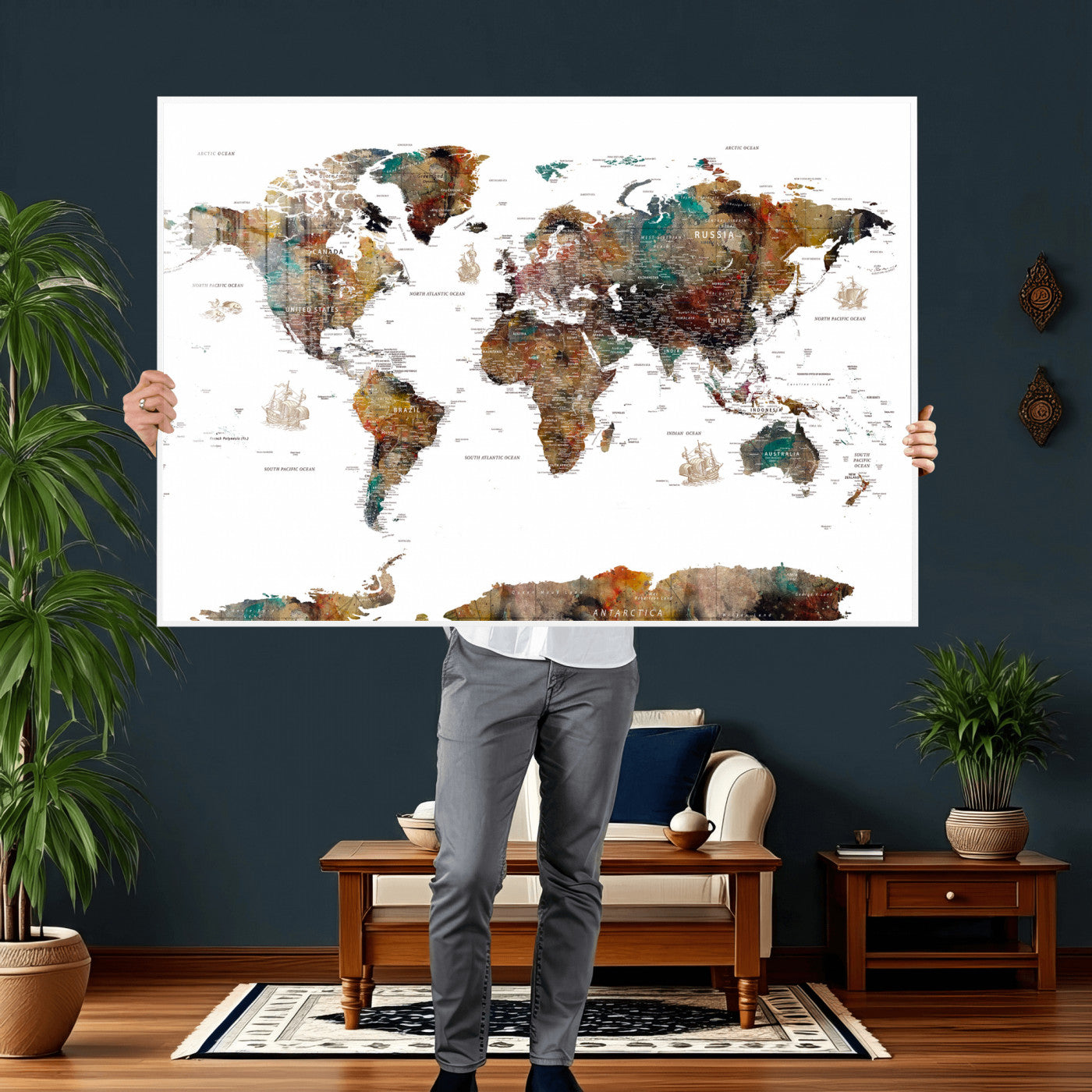 82293175-MGV-CV-36X24 - World Map Wall Art Canvas Print, Modern Decorative Framed Map Artwork Prints for Living Room, Office, Bedroom Wall Decor