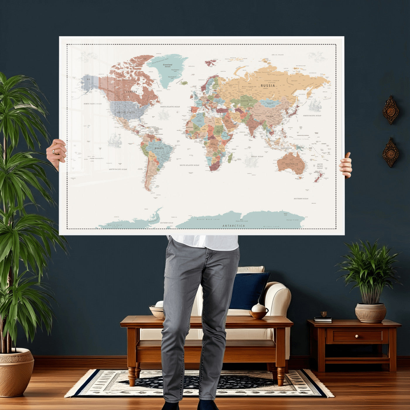 63447567-MGV-CV-36X24 - World Map Wall Art Canvas Print, Modern Decorative Framed Map Artwork Prints for Living Room, Office, Bedroom Wall Decor