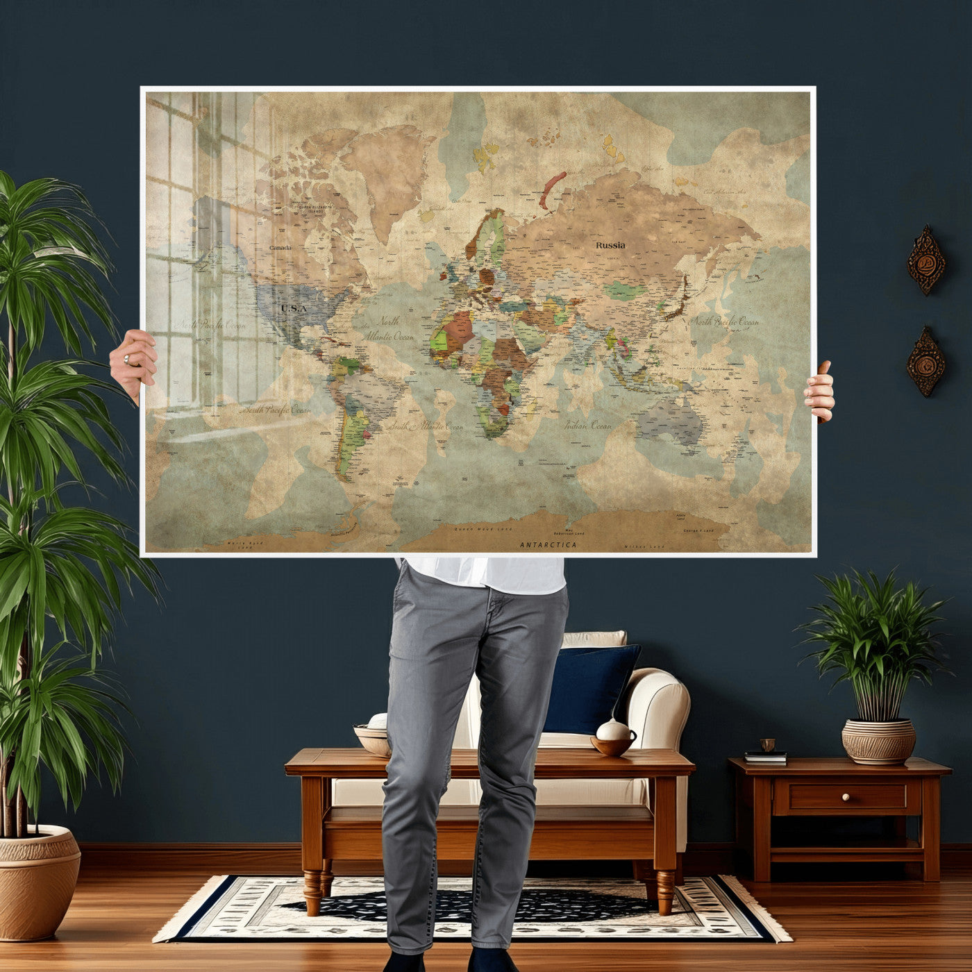 31492148-MGV-CV-36X24 - World Map Wall Art Canvas Print, Modern Decorative Framed Map Artwork Prints for Living Room, Office, Bedroom Wall Decor