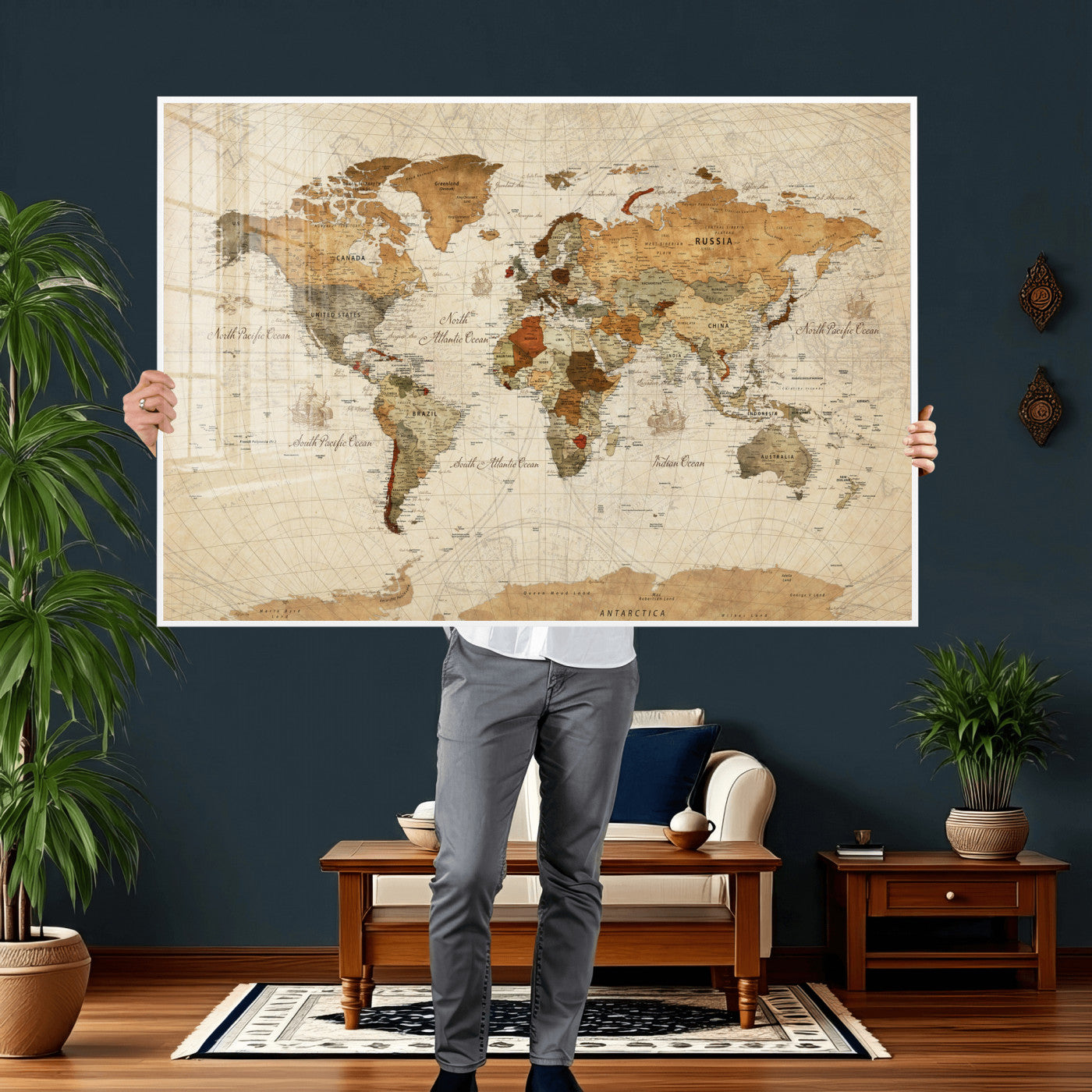 29684537-MGV-CV-36X24 - World Map Wall Art Canvas Print, Modern Decorative Framed Map Artwork Prints for Living Room, Office, Bedroom Wall Decor