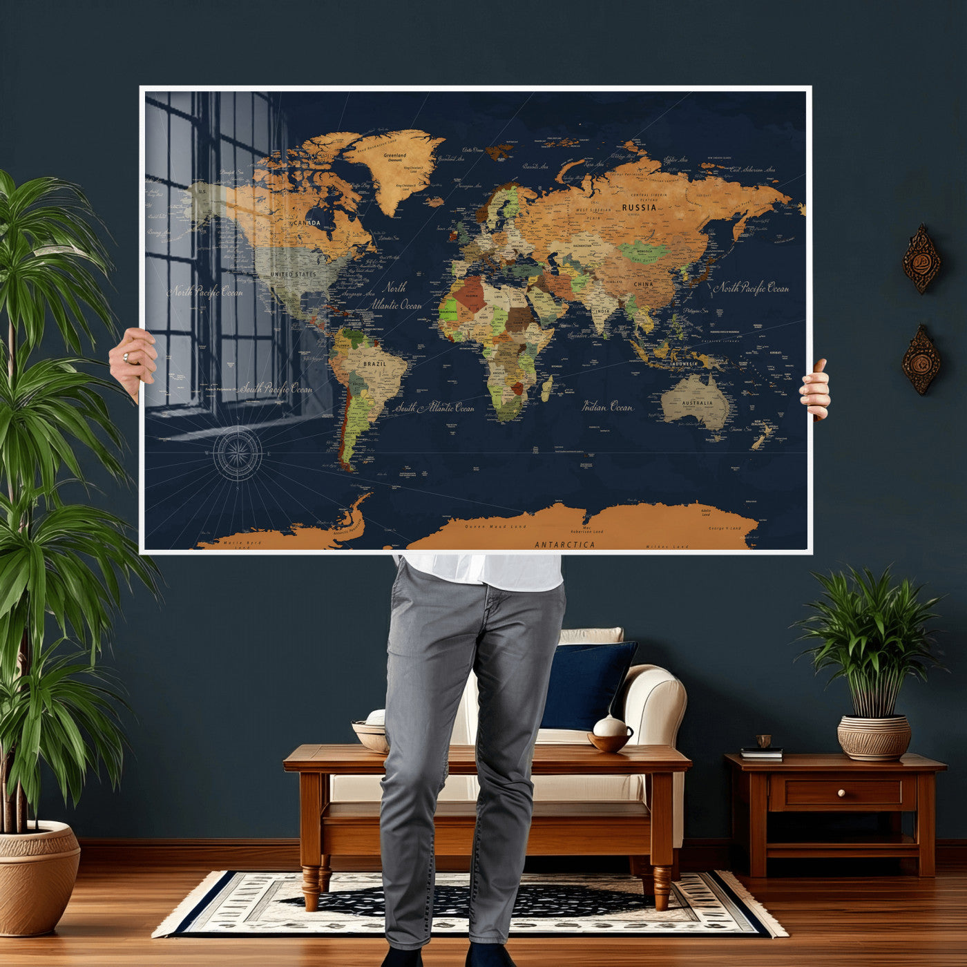 11715182-MGV-CV-36X24 - World Map Wall Art Canvas Print, Modern Decorative Framed Map Artwork Prints for Living Room, Office, Bedroom Wall Decor