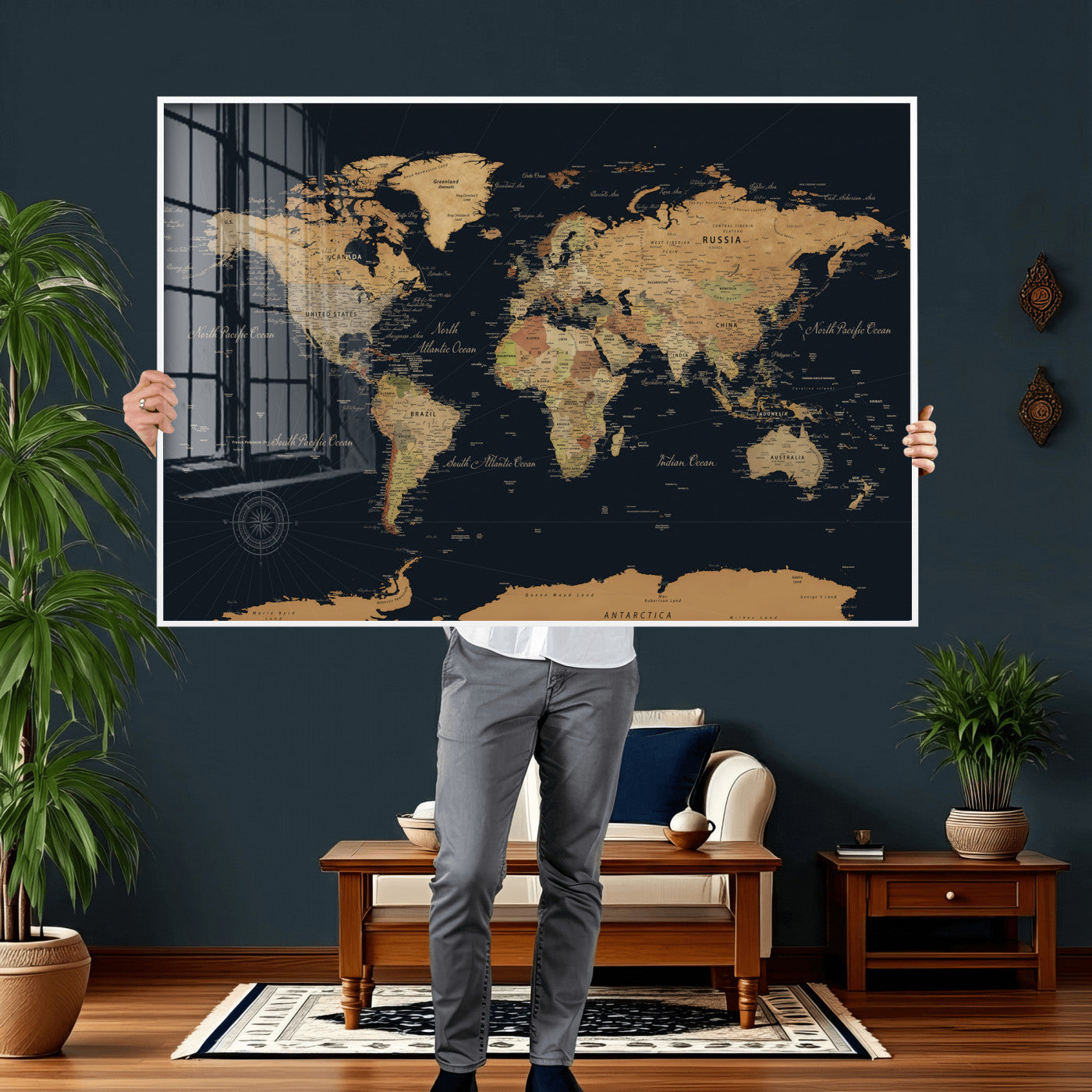 87280374-MGV-CV-36X24 - World Map Wall Art Canvas Print, Modern Decorative Framed Map Artwork Prints for Living Room, Office, Bedroom Wall Decor