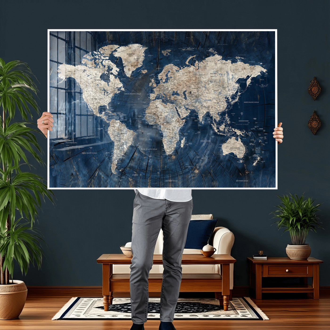 56126010-MGV-CV-36X24 - World Map Wall Art Canvas Print, Modern Decorative Framed Map Artwork Prints for Living Room, Office, Bedroom Wall Decor