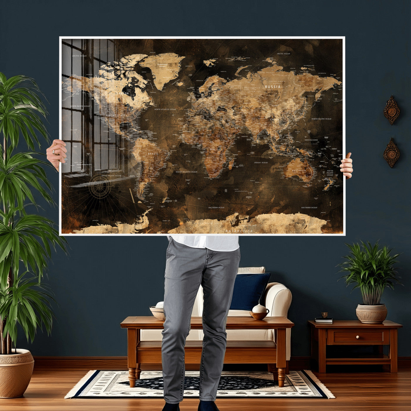 97742922-MGV-CV-36X24 - World Map Wall Art Canvas Print, Modern Decorative Framed Map Artwork Prints for Living Room, Office, Bedroom Wall Decor