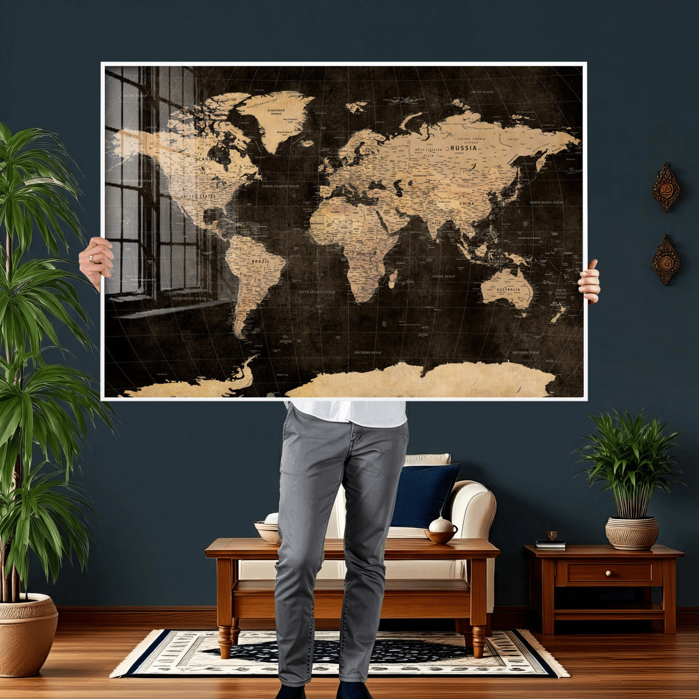 17790470-MGV-CV-36X24 - World Map Wall Art Canvas Print, Modern Decorative Framed Map Artwork Prints for Living Room, Office, Bedroom Wall Decor