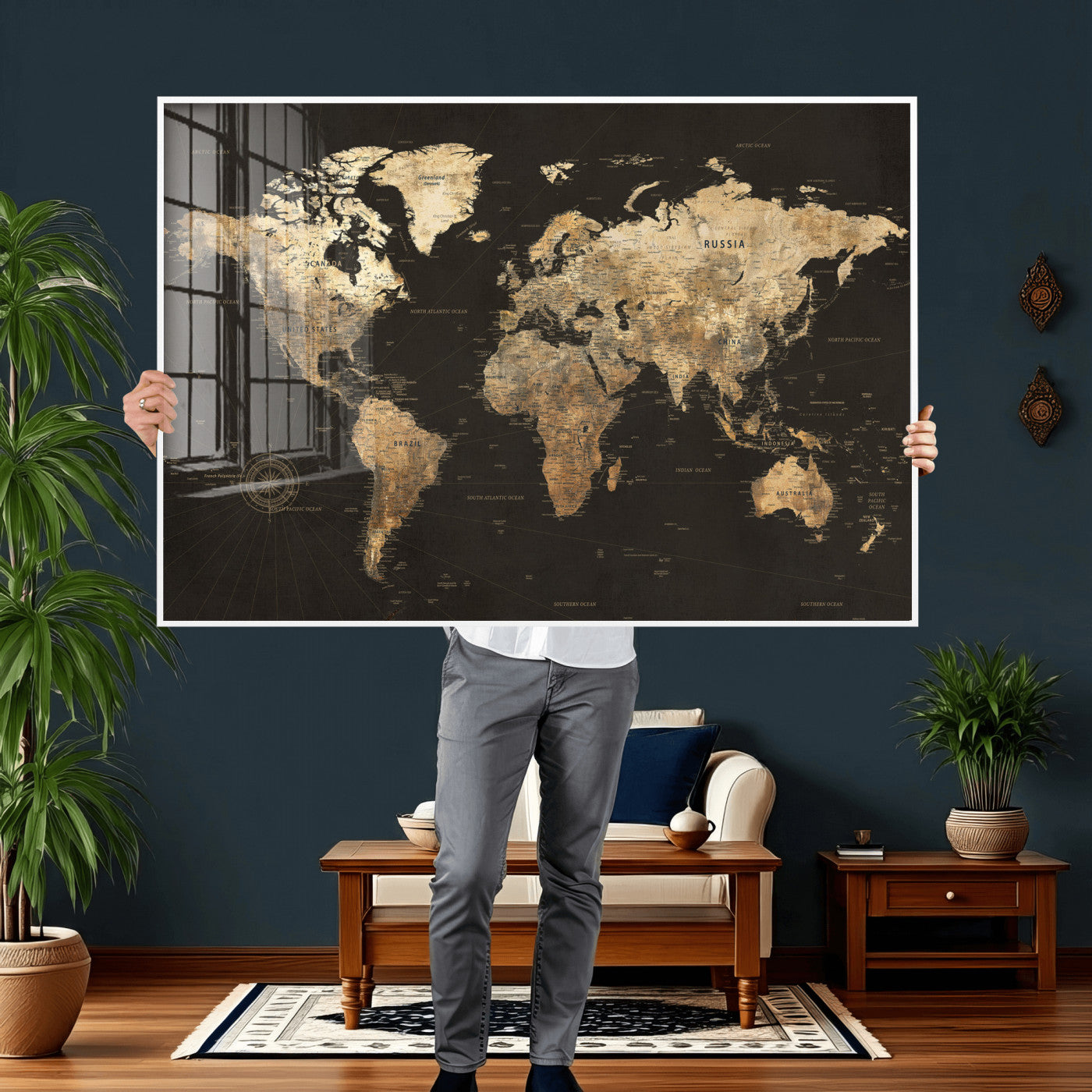 70985630-MGV-CV-36X24 - World Map Wall Art Canvas Print, Modern Decorative Framed Map Artwork Prints for Living Room, Office, Bedroom Wall Decor