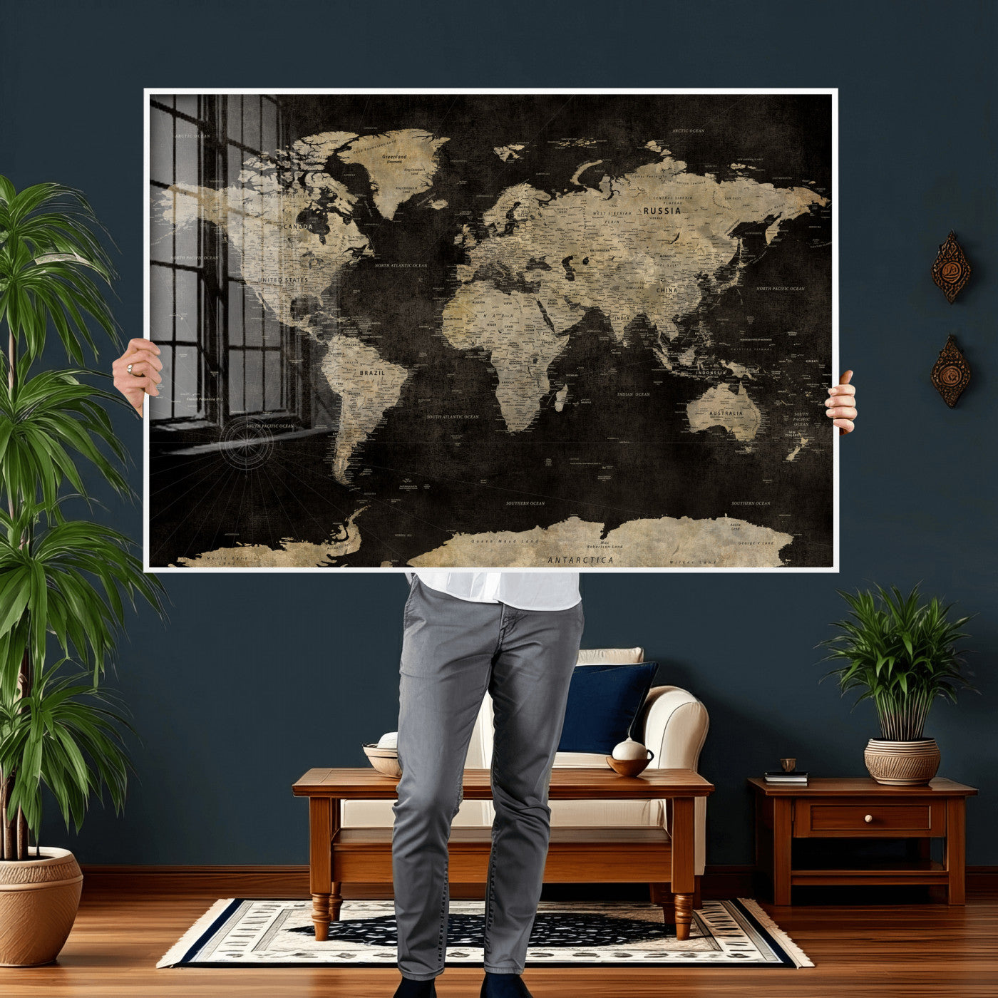 60653880-MGV-CV-36X24 - World Map Wall Art Canvas Print, Modern Decorative Framed Map Artwork Prints for Living Room, Office, Bedroom Wall Decor