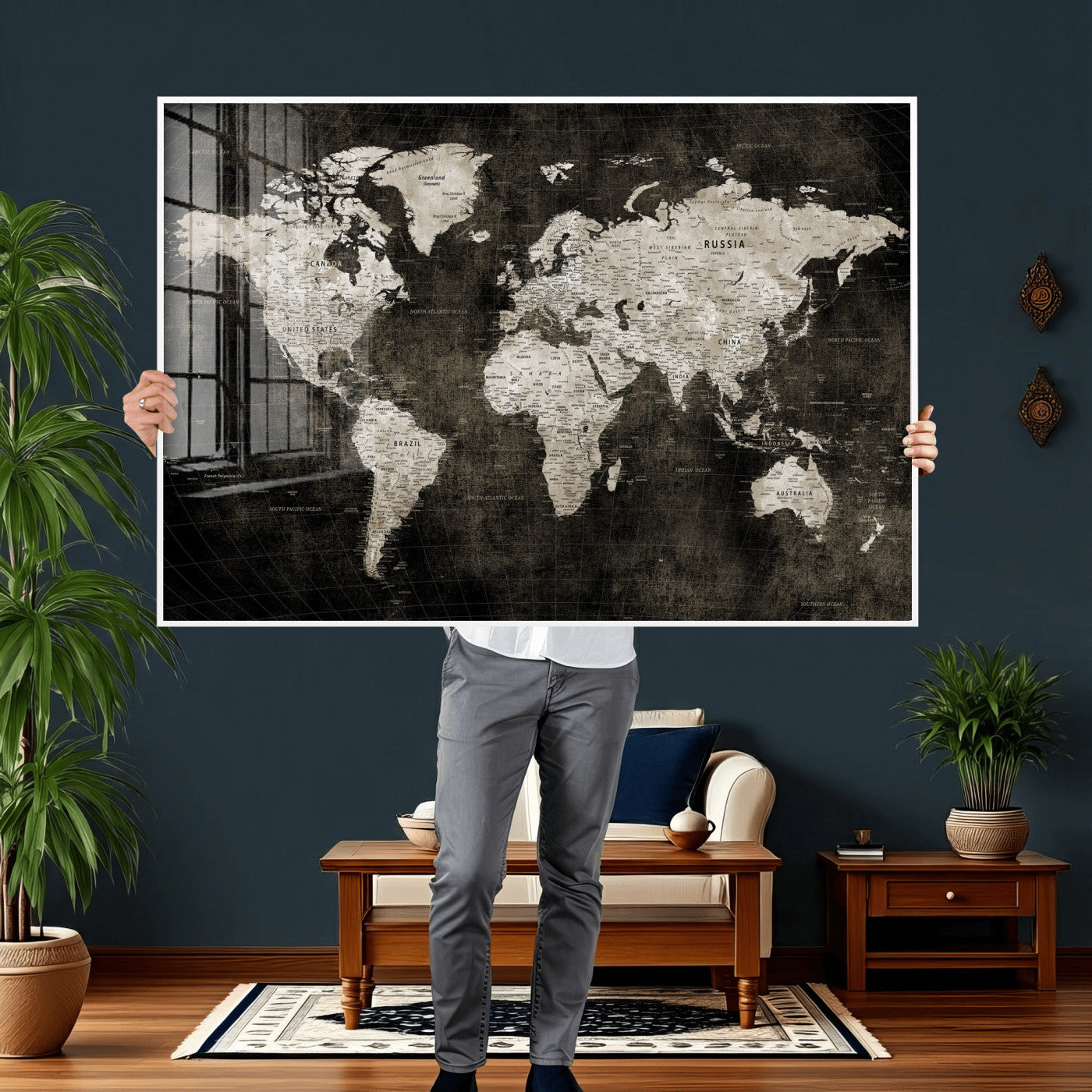 94581666-MGV-CV-36X24 - World Map Wall Art Canvas Print, Modern Decorative Framed Map Artwork Prints for Living Room, Office, Bedroom Wall Decor