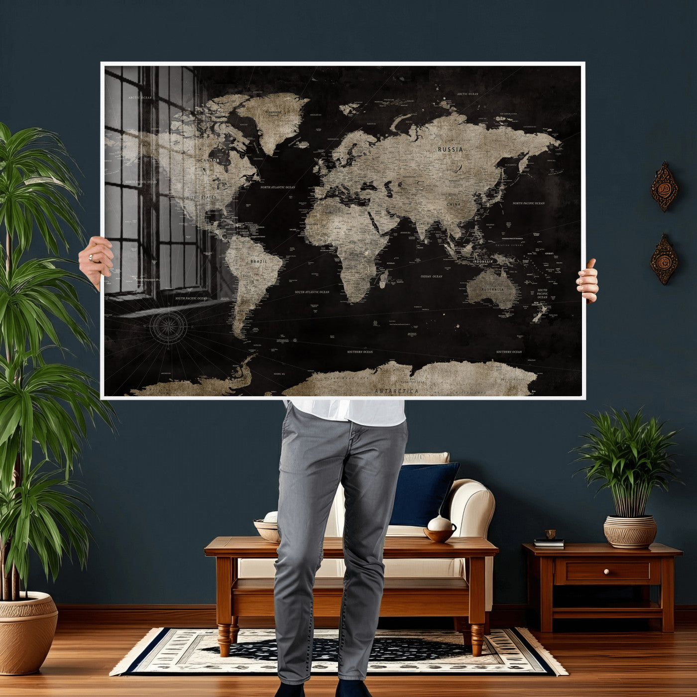 56225956-MGV-CV-36X24 - World Map Wall Art Canvas Print, Modern Decorative Framed Map Artwork Prints for Living Room, Office, Bedroom Wall Decor