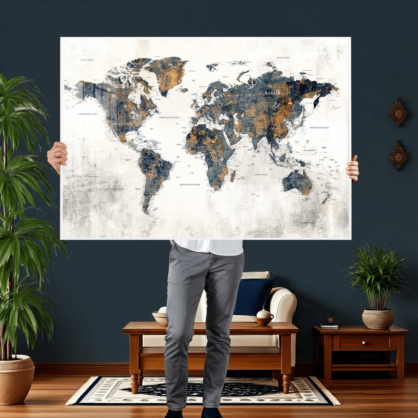 52451147-MGV-CV-36X24 - World Map Wall Art Canvas Print, Modern Decorative Framed Map Artwork Prints for Living Room, Office, Bedroom Wall Decor