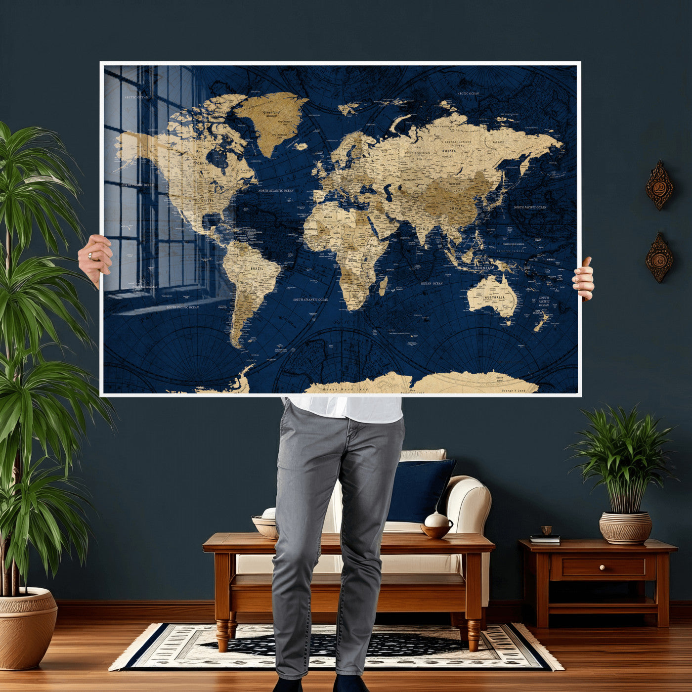 54770746-MGV-CV-36X24 - World Map Wall Art Canvas Print, Modern Decorative Framed Map Artwork Prints for Living Room, Office, Bedroom Wall Decor