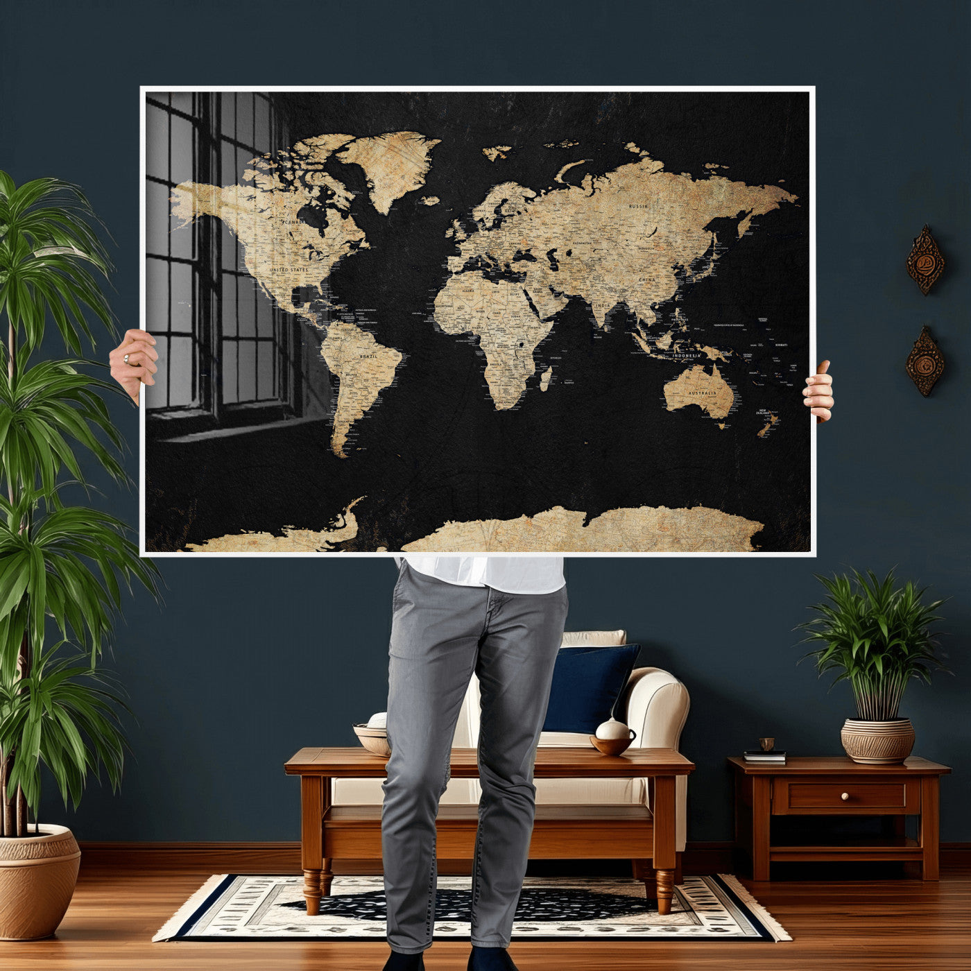 71518849-MGV-CV-36X24 - World Map Wall Art Canvas Print, Modern Decorative Framed Map Artwork Prints for Living Room, Office, Bedroom Wall Decor