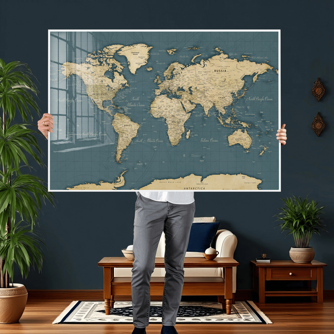 99599383-MGV-CV-36X24 - World Map Wall Art Canvas Print, Modern Decorative Framed Map Artwork Prints for Living Room, Office, Bedroom Wall Decor