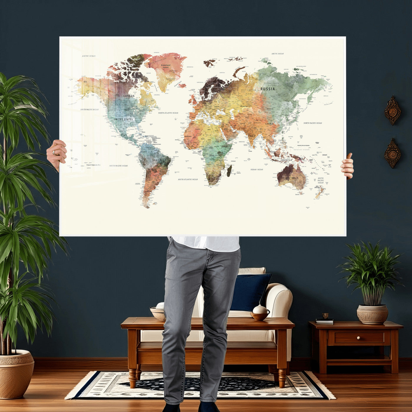 64206059-MGV-CV-36X24 - World Map Wall Art Canvas Print, Modern Decorative Framed Map Artwork Prints for Living Room, Office, Bedroom Wall Decor