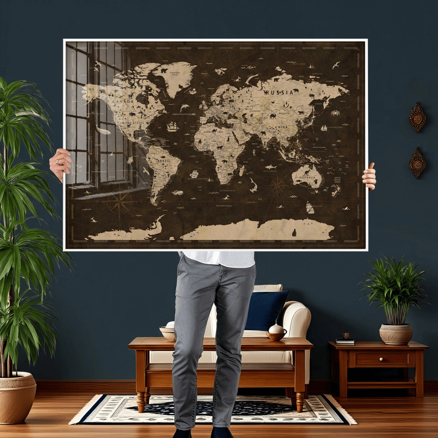 44276398-MGV-CV-36X24 - World Map Wall Art Canvas Print, Modern Decorative Framed Map Artwork Prints for Living Room, Office, Bedroom Wall Decor