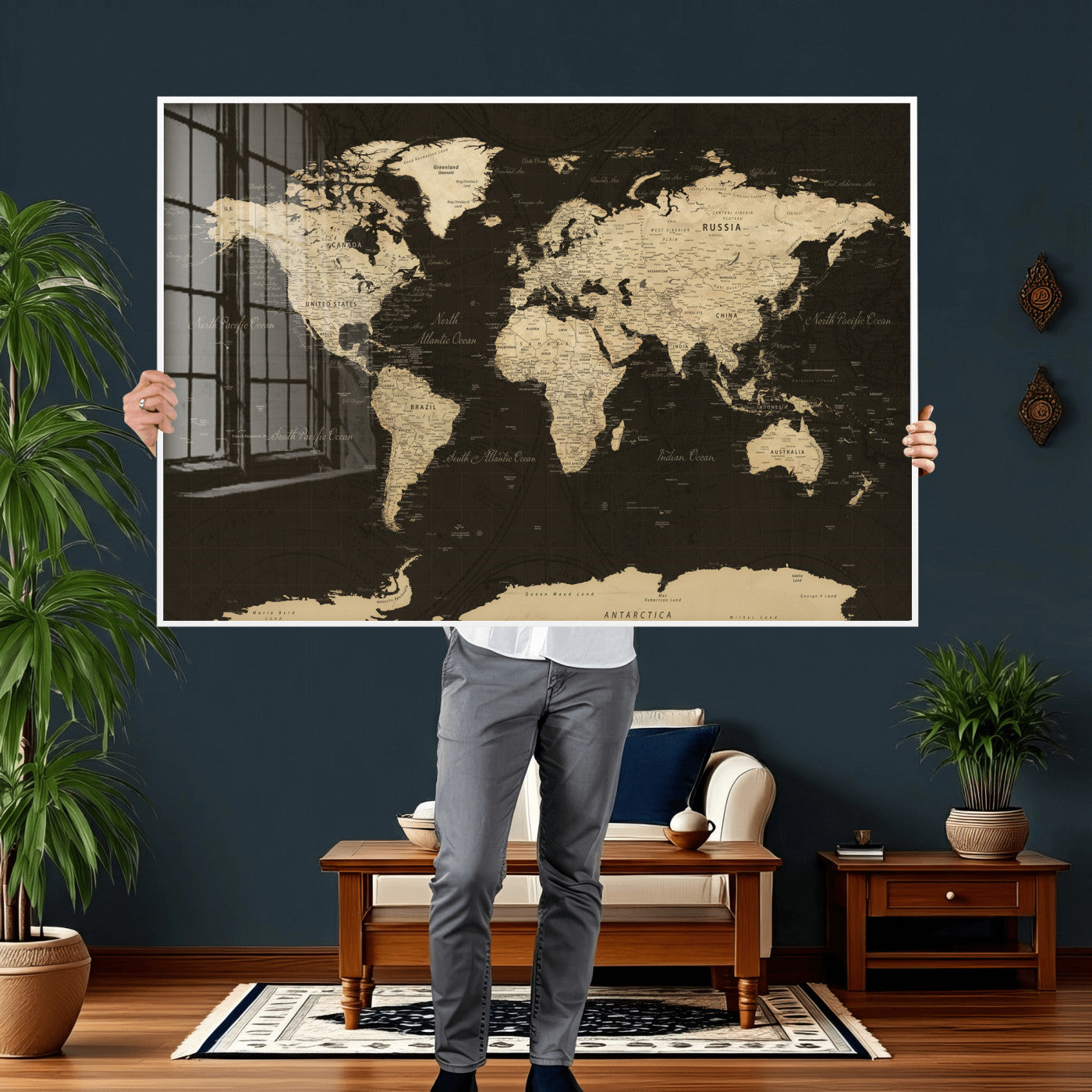 89024244-MGV-CV-36X24 - World Map Wall Art Canvas Print, Modern Decorative Framed Map Artwork Prints for Living Room, Office, Bedroom Wall Decor