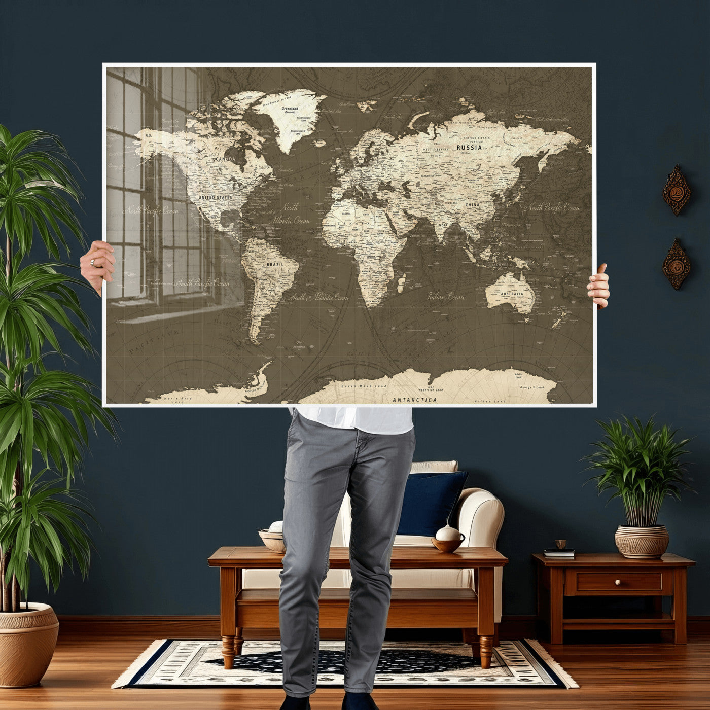33202610-MGV-CV-36X24 - World Map Wall Art Canvas Print, Modern Decorative Framed Map Artwork Prints for Living Room, Office, Bedroom Wall Decor