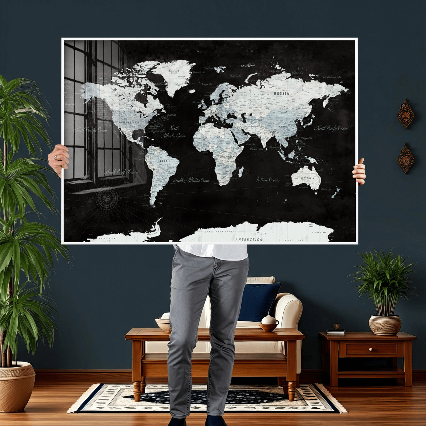 28664806-MGV-CV-36X24 - World Map Wall Art Canvas Print, Modern Decorative Framed Map Artwork Prints for Living Room, Office, Bedroom Wall Decor