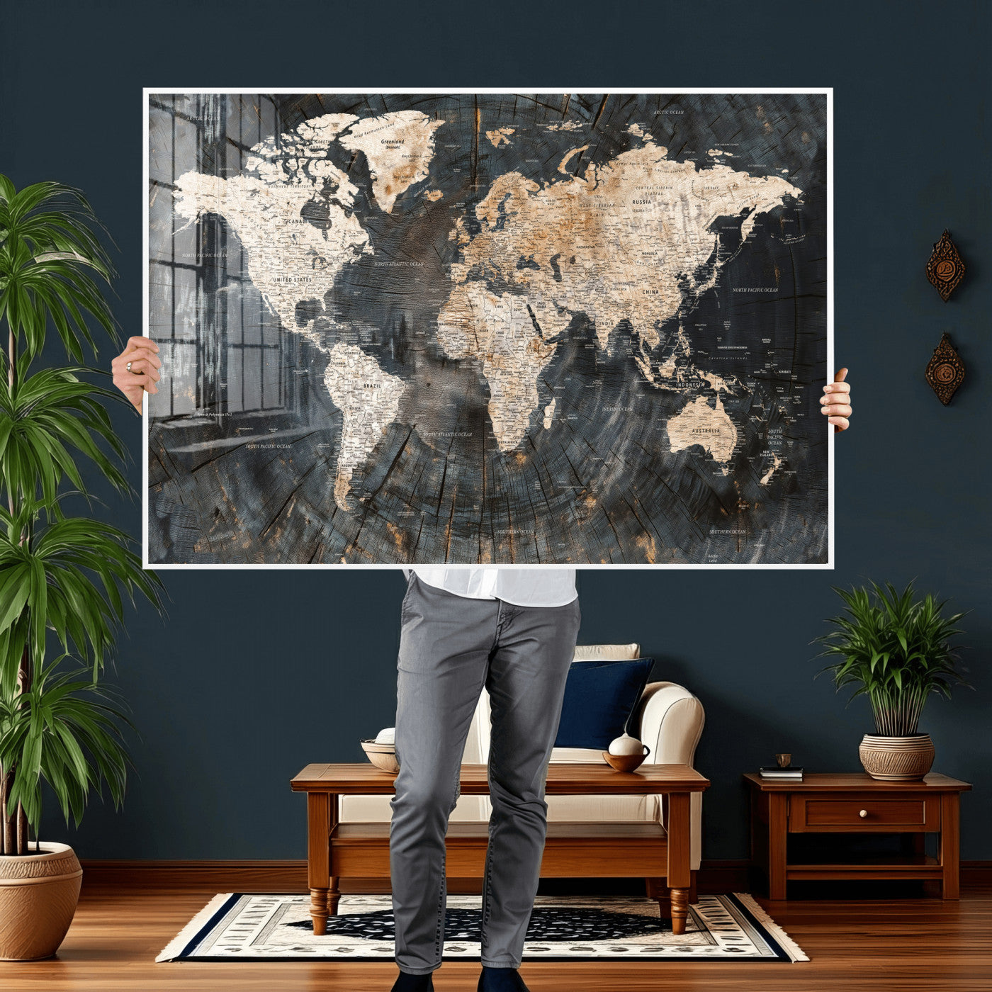 89162112-MGV-CV-36X24 - World Map Wall Art Canvas Print, Modern Decorative Framed Map Artwork Prints for Living Room, Office, Bedroom Wall Decor