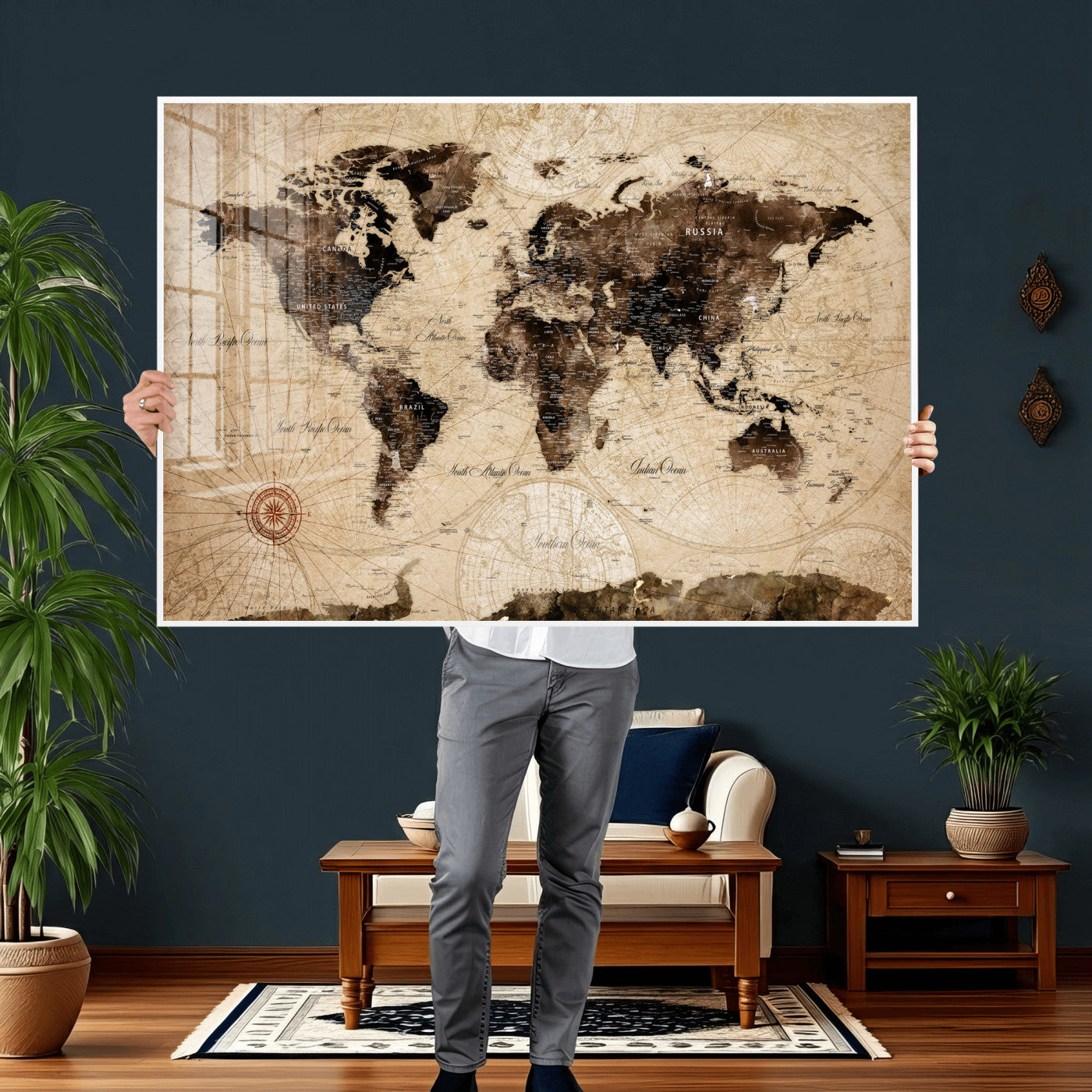 47657418-MGV-CV-36X24 - World Map Wall Art Canvas Print, Modern Decorative Framed Map Artwork Prints for Living Room, Office, Bedroom Wall Decor