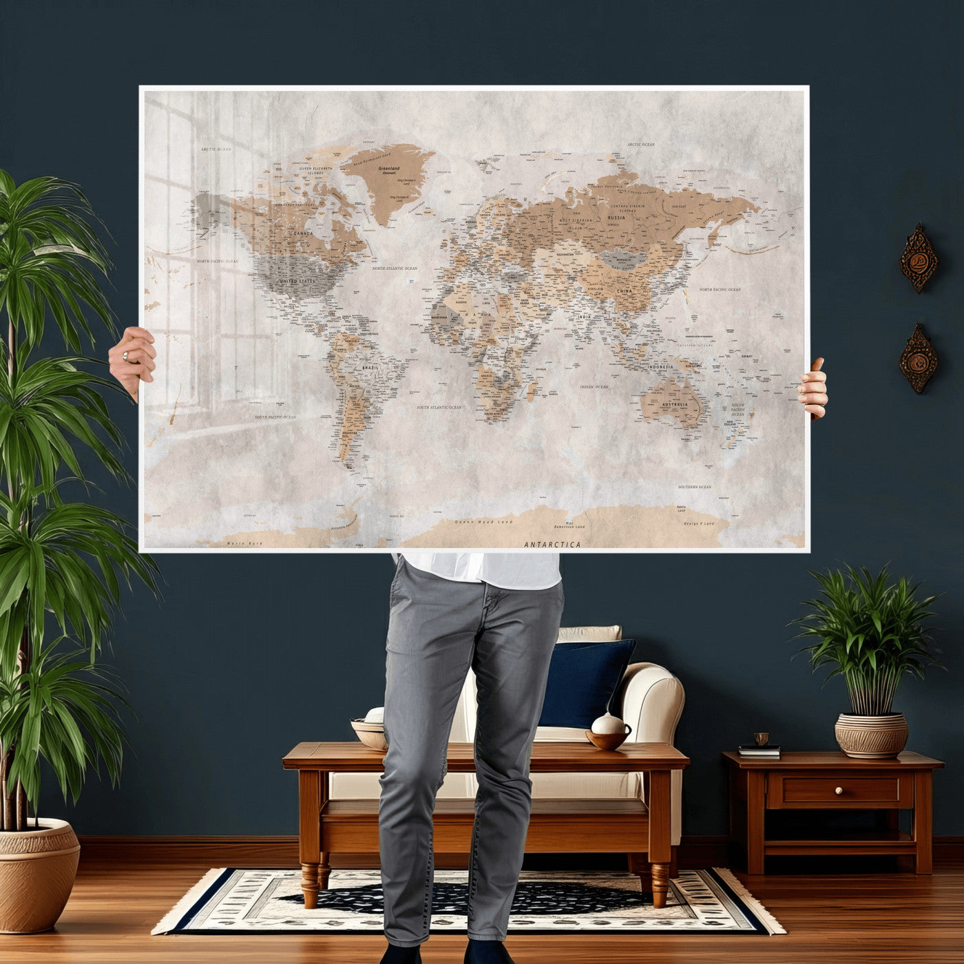 34051638-MGV-CV-36X24 - World Map Wall Art Canvas Print, Modern Decorative Framed Map Artwork Prints for Living Room, Office, Bedroom Wall Decor