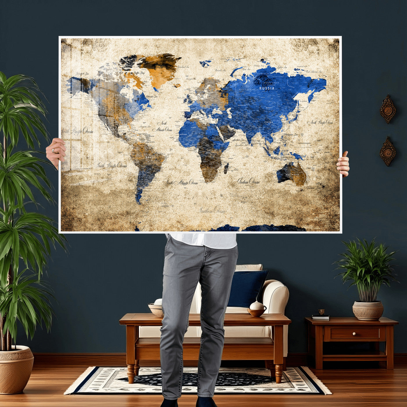 27314341-MGV-CV-36X24 - World Map Wall Art Canvas Print, Modern Decorative Framed Map Artwork Prints for Living Room, Office, Bedroom Wall Decor