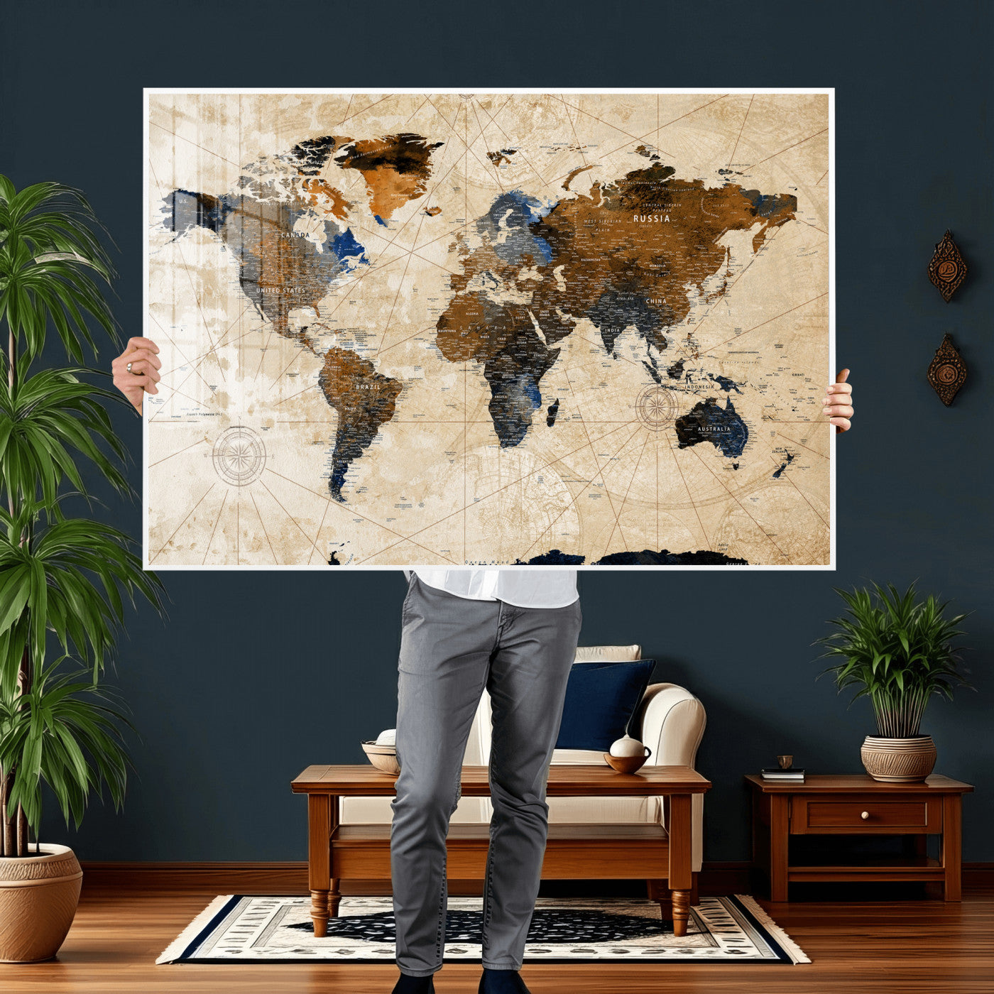 15727090-MGV-CV-36X24 - World Map Wall Art Canvas Print, Modern Decorative Framed Map Artwork Prints for Living Room, Office, Bedroom Wall Decor