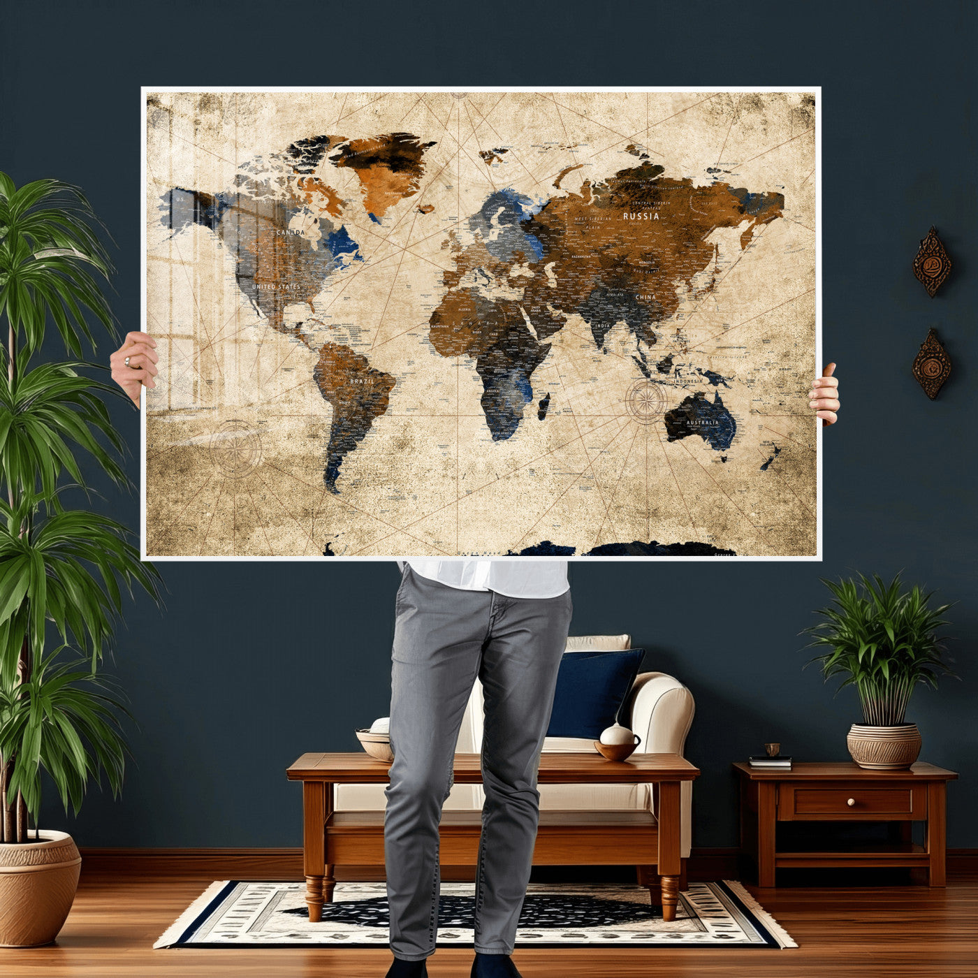 27163414-MGV-CV-36X24 - World Map Wall Art – Rustic Earth Tone Canvas Print, Antique Travel Map Design for Living Room, Office or Study, Classic Adventure Decor