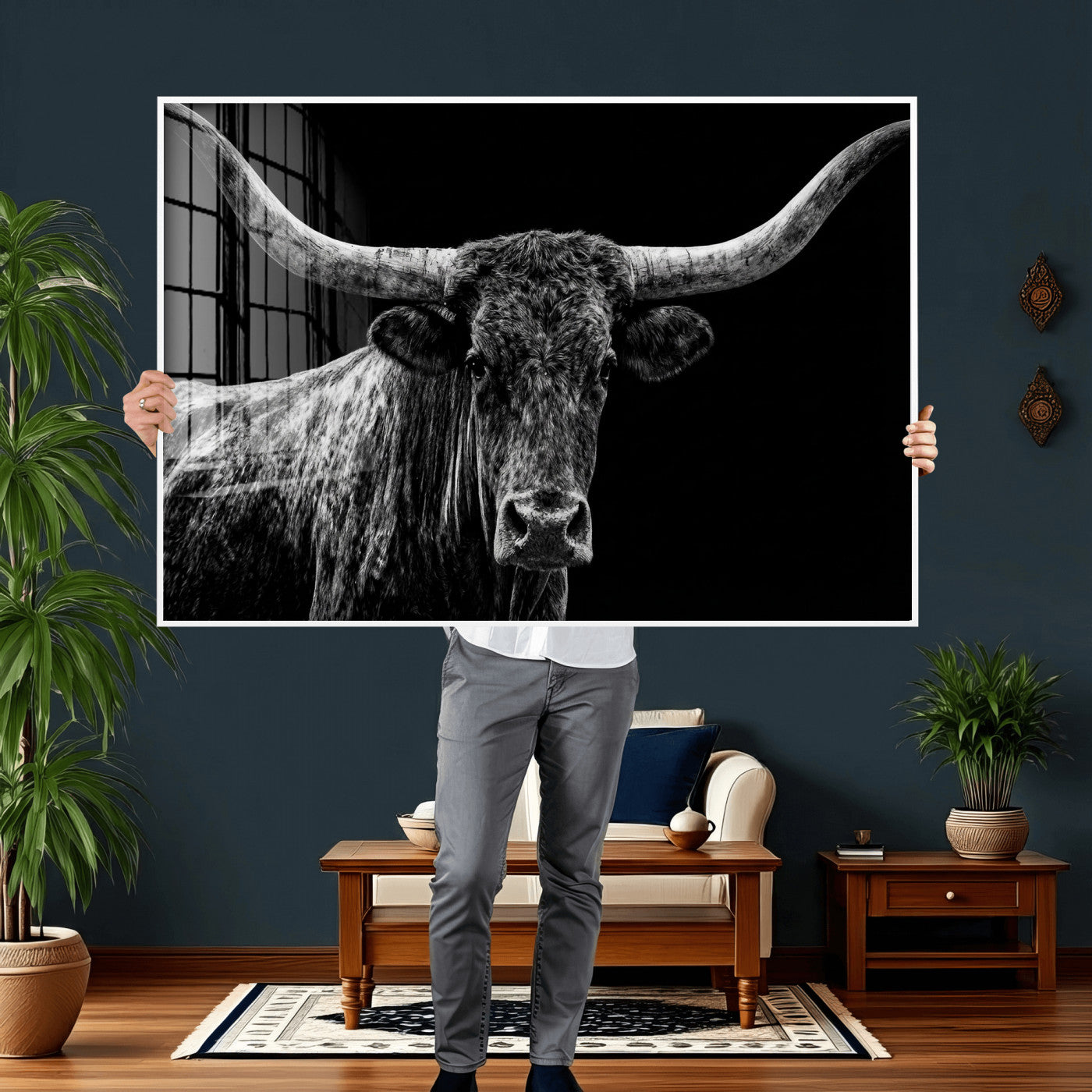 86568508-MGV-CV-36X24 - Vintage Texas Longhorn Bull Wall Art Canvas Print, Texas Cow Portrait Print, Framed Bull Wall Art Ready to Hang