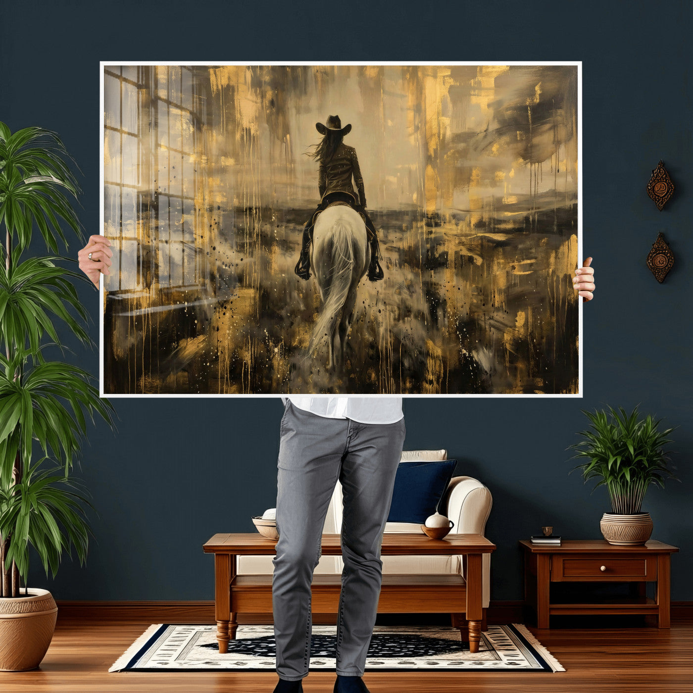 20465530-MGV-CV-36X24 - Cowgirl Wall Art Canvas Print, Western Horse Rider Wall Art, Framed Wall Art Ready to Hang
