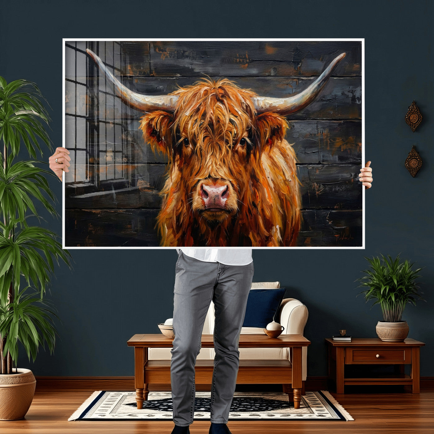 32536611-MGV-CV-36X24 - Highland Cow Wall Art Canvas Print, Rustic Farm Animal Painting, Framed Wall Art Ready to Hang
