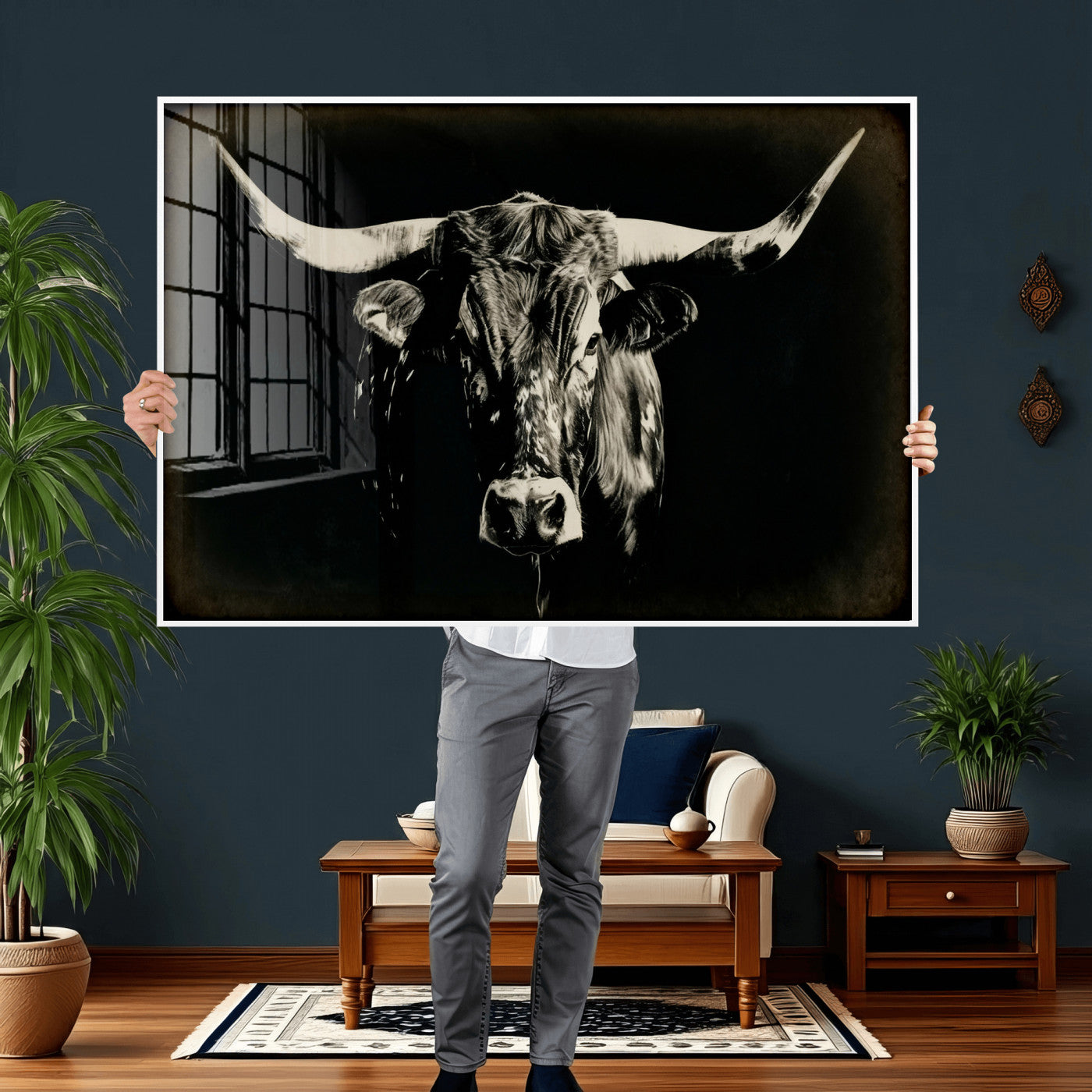 91364114-MGV-CV-36X24 - Black Bull Wall Art Canvas Print, Texas Longhorn Portrait Print, Framed Wall Art Ready to Hang