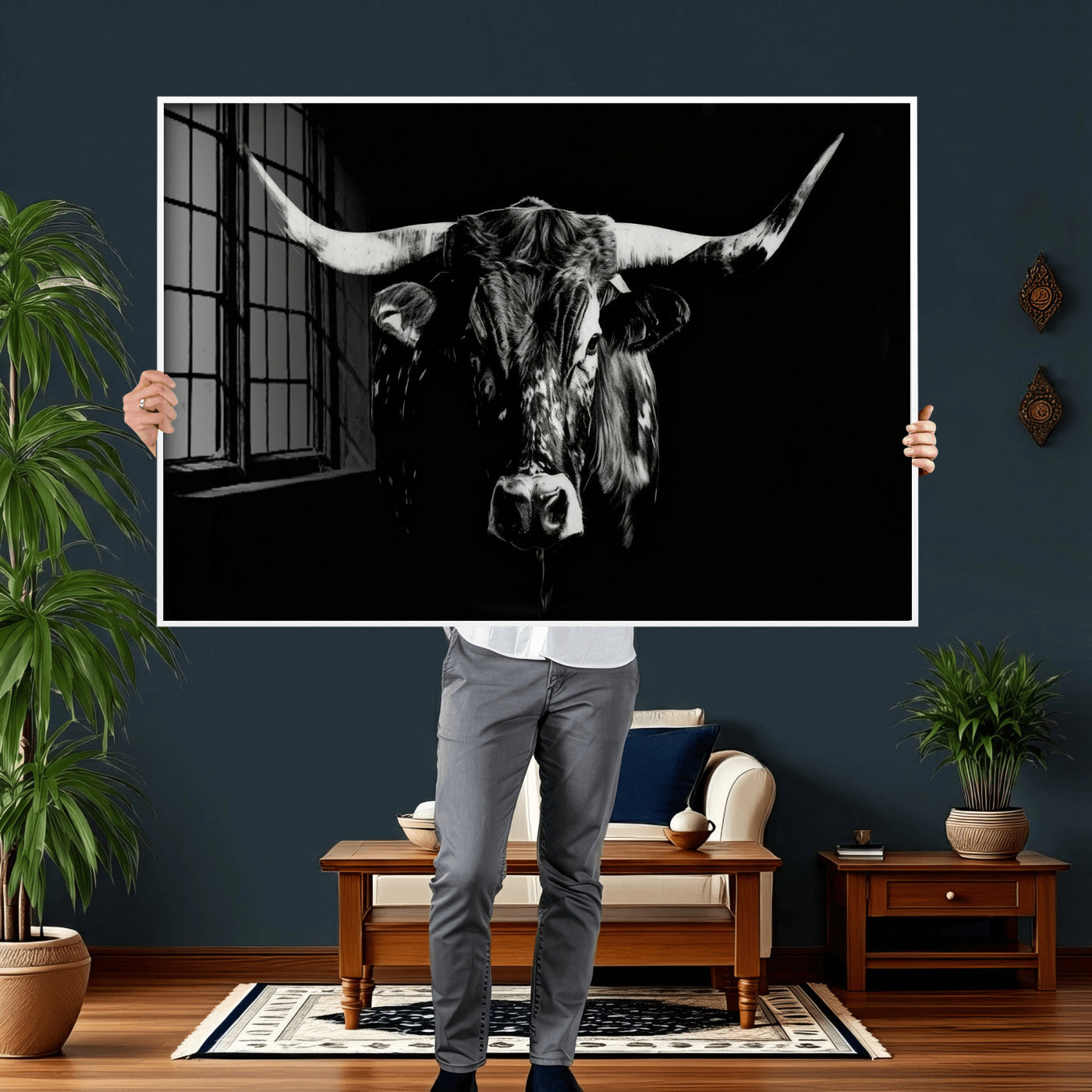 21436434-MGV-CV-36X24 - Black Bull Wall Art Canvas Print, Dark Longhorn Portrait Photography, Framed Wall Art Ready to Hang
