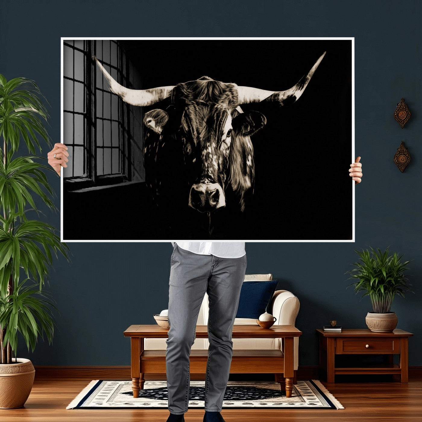 75774468-MGV-CV-36X24 - Black Bull Wall Art Canvas Print, Dark Longhorn Portrait Photography, Framed Wall Art Ready to Hang
