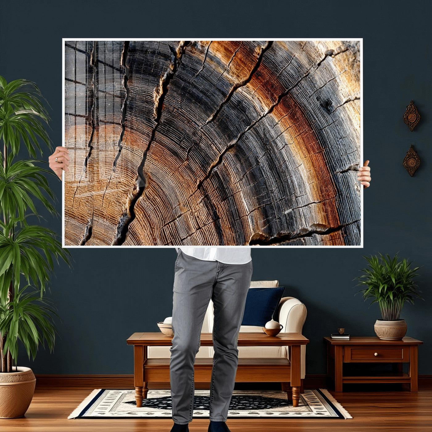 92693966E-MGV-CV-36X24 - Framed Large Abstract Wood Grain Canvas Print, Tree Ring Pattern Wall Art, Framed Canvas Ready to Hang