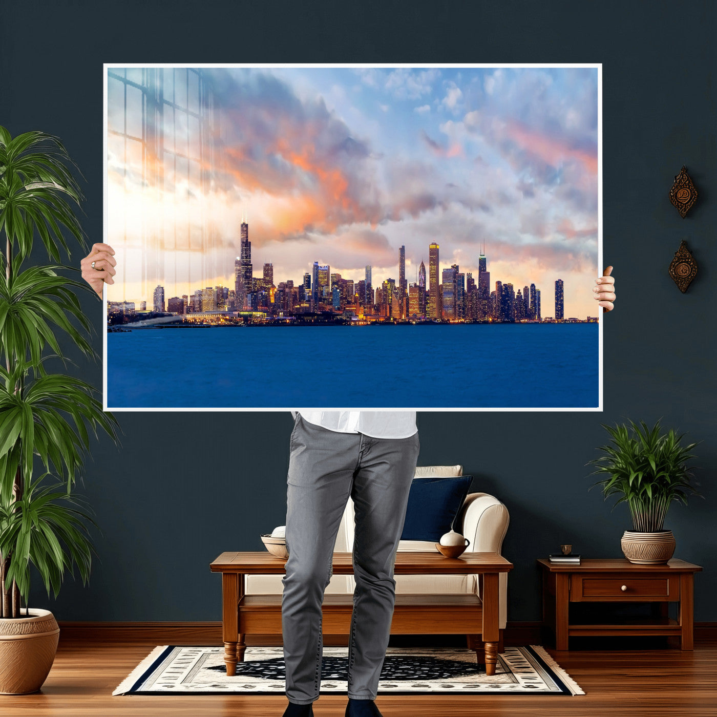 34667960-MGV-CV-36X24 - Chicago Wall Art Canvas Print, Chicago City Downtown Night Cityscape Print for Modern Urban Wall Decor