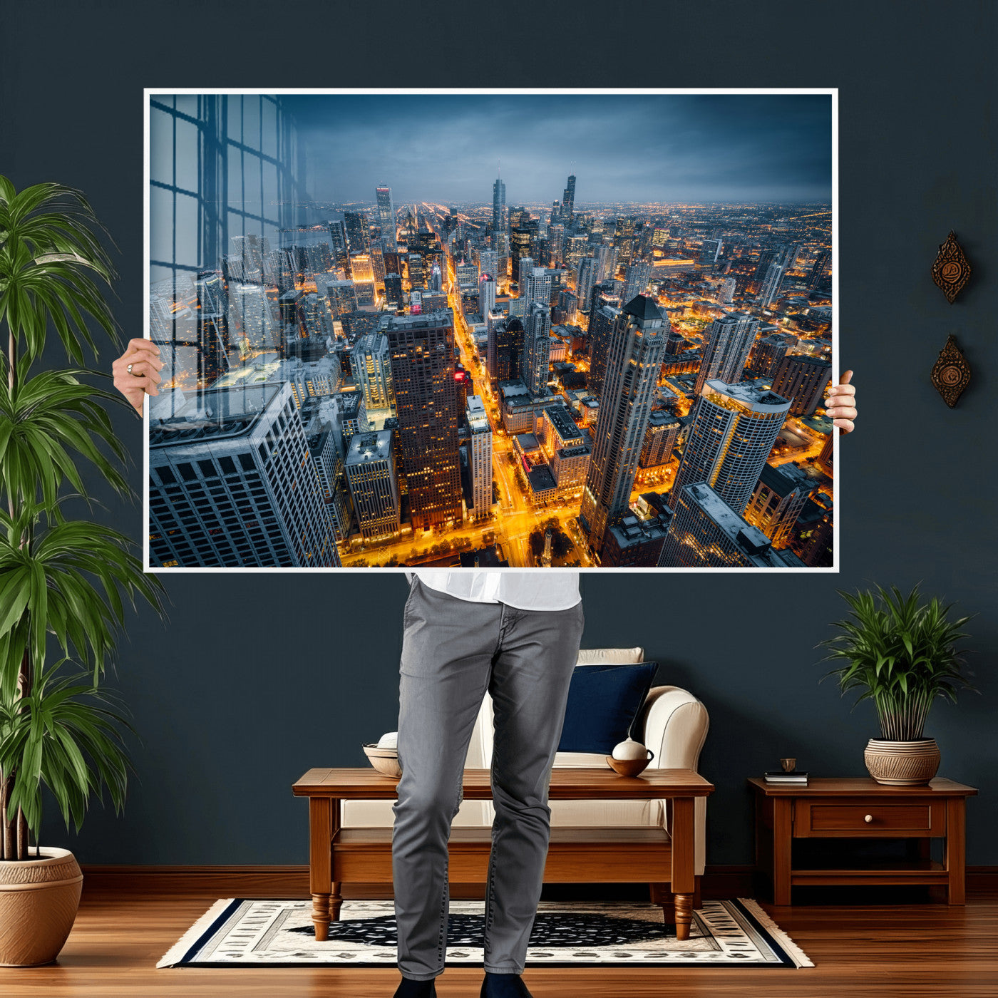 81742538-MGV-CV-36X24 - Chicago Wall Art Canvas Print, Chicago City Downtown Night Cityscape Print for Modern Urban Wall Decor