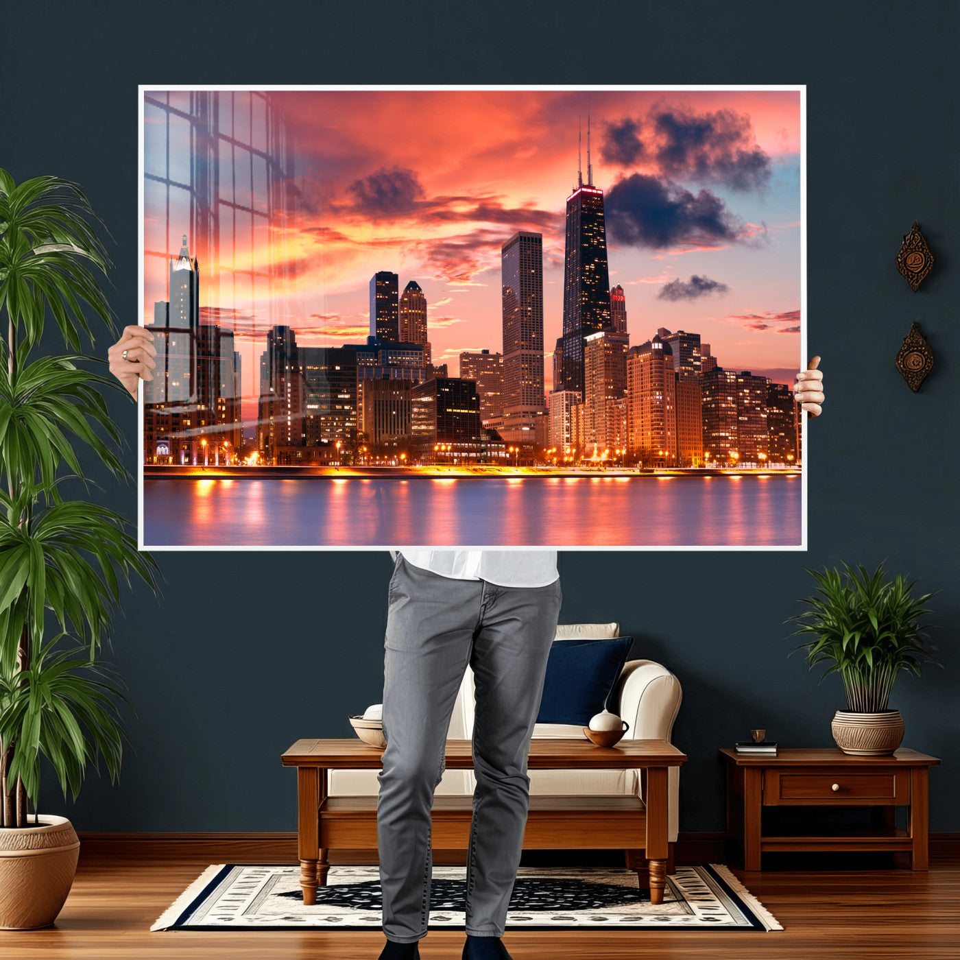 80390109-MGV-CV-36X24 - Chicago Wall Art Canvas Print, Chicago City Downtown Night Cityscape Print for Modern Urban Wall Decor