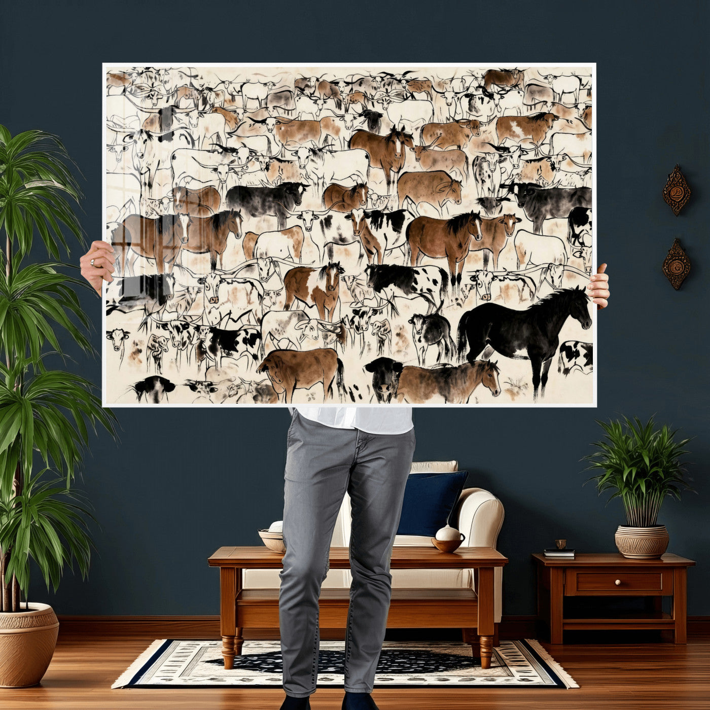 86150485-MGV-CV-36X24 - Farmhouse Animals Wall Art Canvas Print - Abstract Farm Animal Drawing Mid-Century Wall Art for Cabin Decor