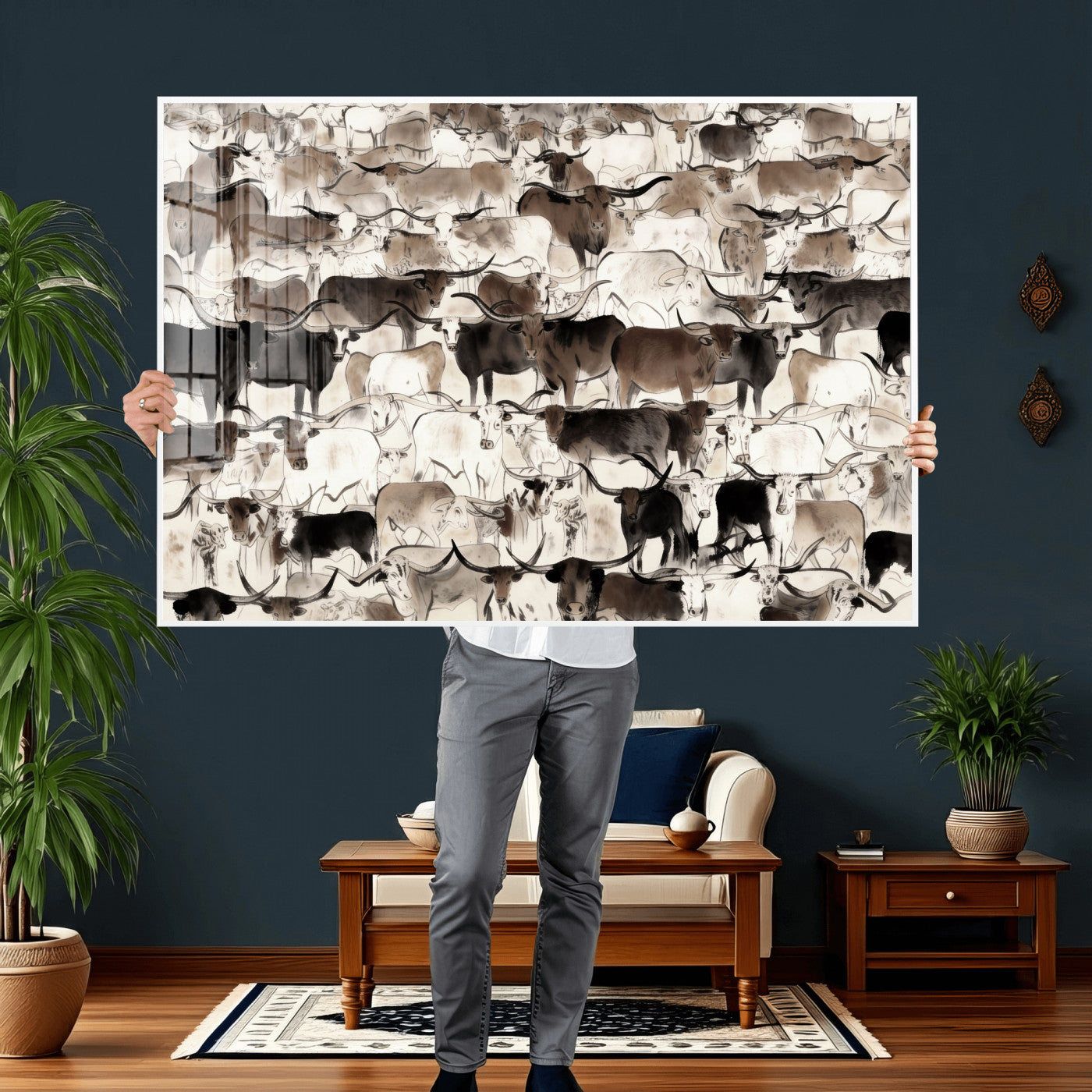 46084312-MGV-CV-36X24 - Farmhouse Animals Wall Art Canvas Print - Abstract Farm Animal Drawing Mid-Century Wall Art for Cabin Decor