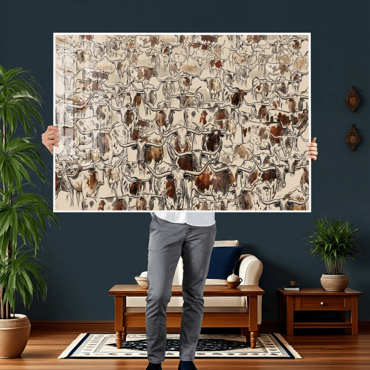 94808502-MGV-CV-36X24 - Farmhouse Animals Wall Art Canvas Print - Abstract Farm Animal Drawing Mid-Century Wall Art for Cabin Decor