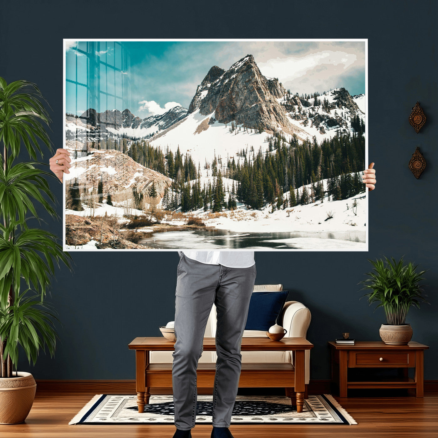 56837070-MGV-CV-36X24 - Snowy Mountain Landscape Wall Art Canvas Print, Alpine Pine Forest Winter Nature Wall Decor for Living Room and Office