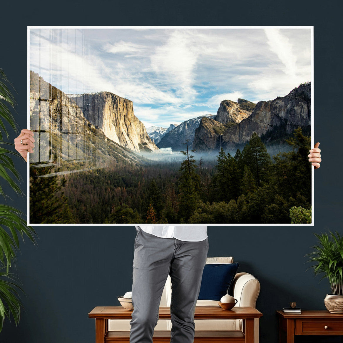 15089394-MGV-CV-36X24 - Yosemite Valley Mountain Landscape Wall Art Canvas Print, Granite Cliff Forest Valley Canvas Print, California National Park Scenic Art Printing