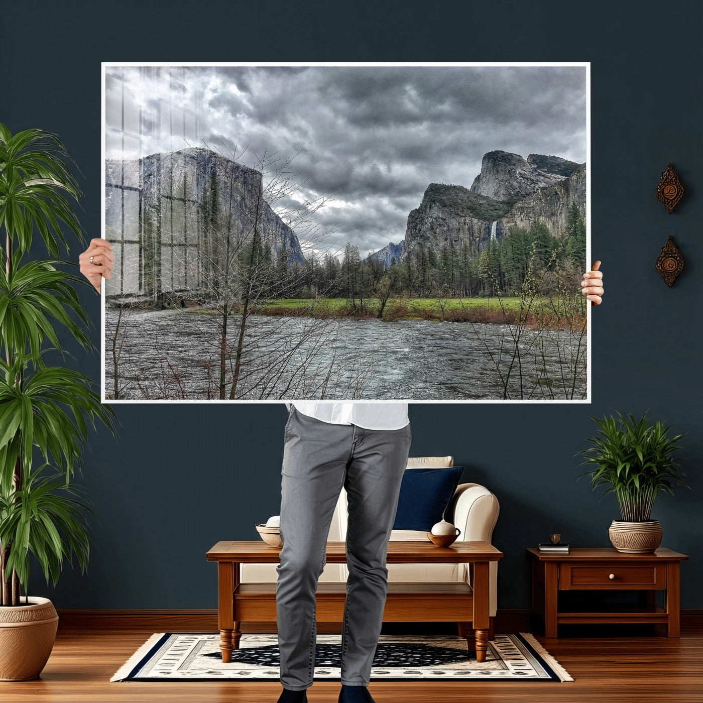 75582552-MGV-CV-36X24 - Yosemite Valley River Landscape Wall Art Canvas Print, Granite Cliffs Forest River Canvas Print, California National Park Moody Scenic Art Printi