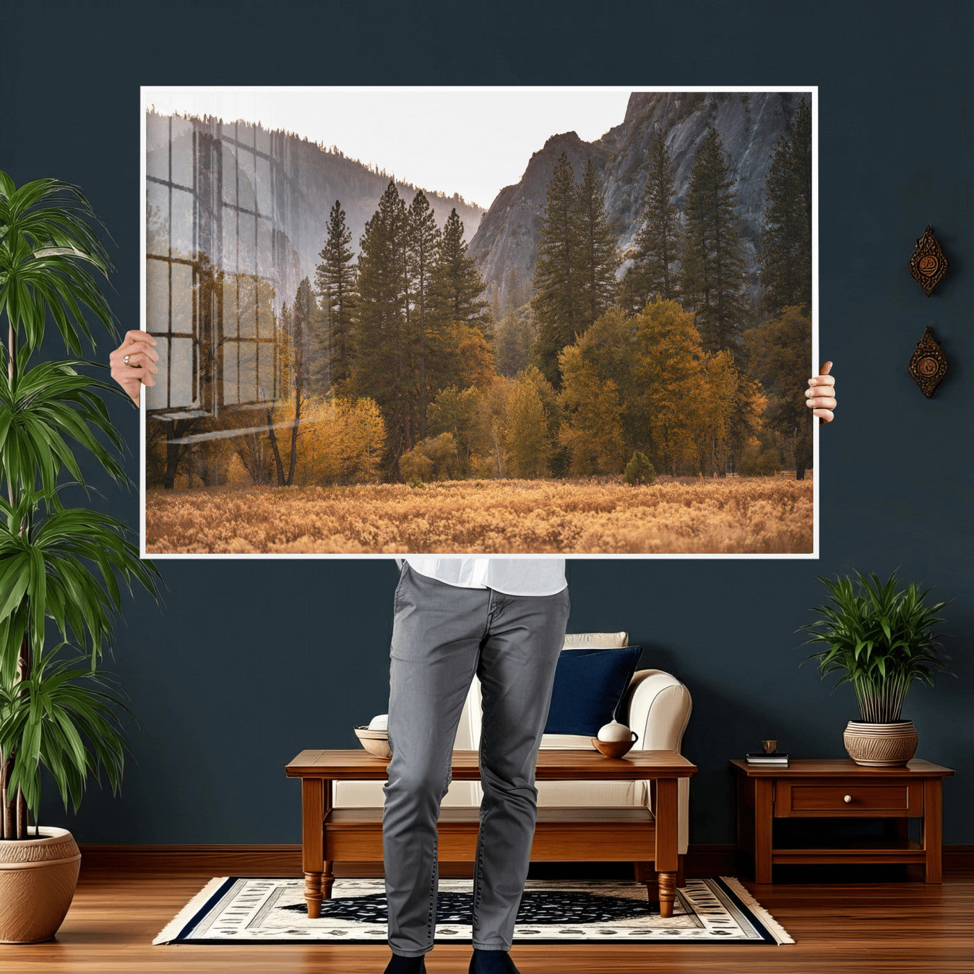 61682763-MGV-CV-36X24 - Yosemite Valley Autumn Forest Landscape Wall Art Canvas Print, Granite Mountain Pine Trees Canvas Print, California National Park Fall Scenic Art Printing
