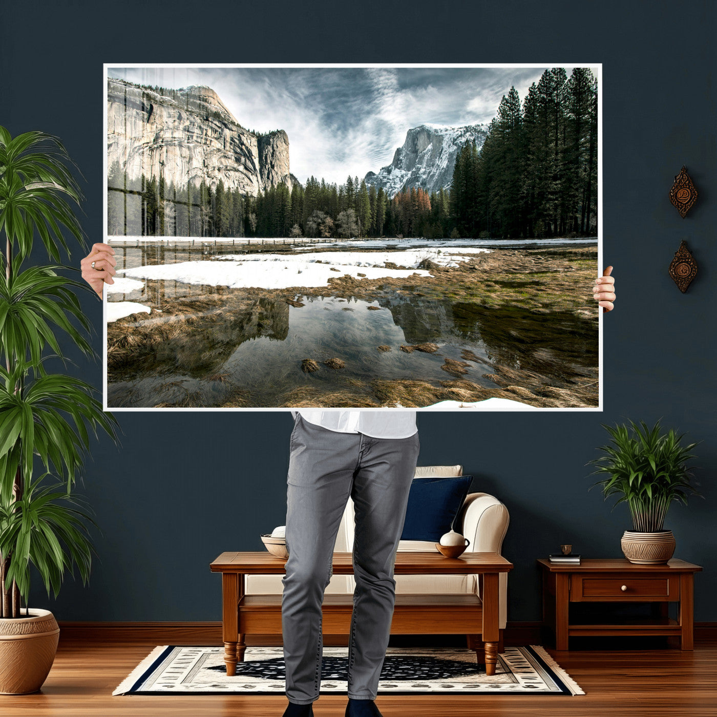 14527348-MGV-CV-36X24 - Yosemite Valley Mountain Landscape Wall Art Canvas Print, Granite Cliff Forest Valley Canvas Print, California National Park Scenic Art Printing