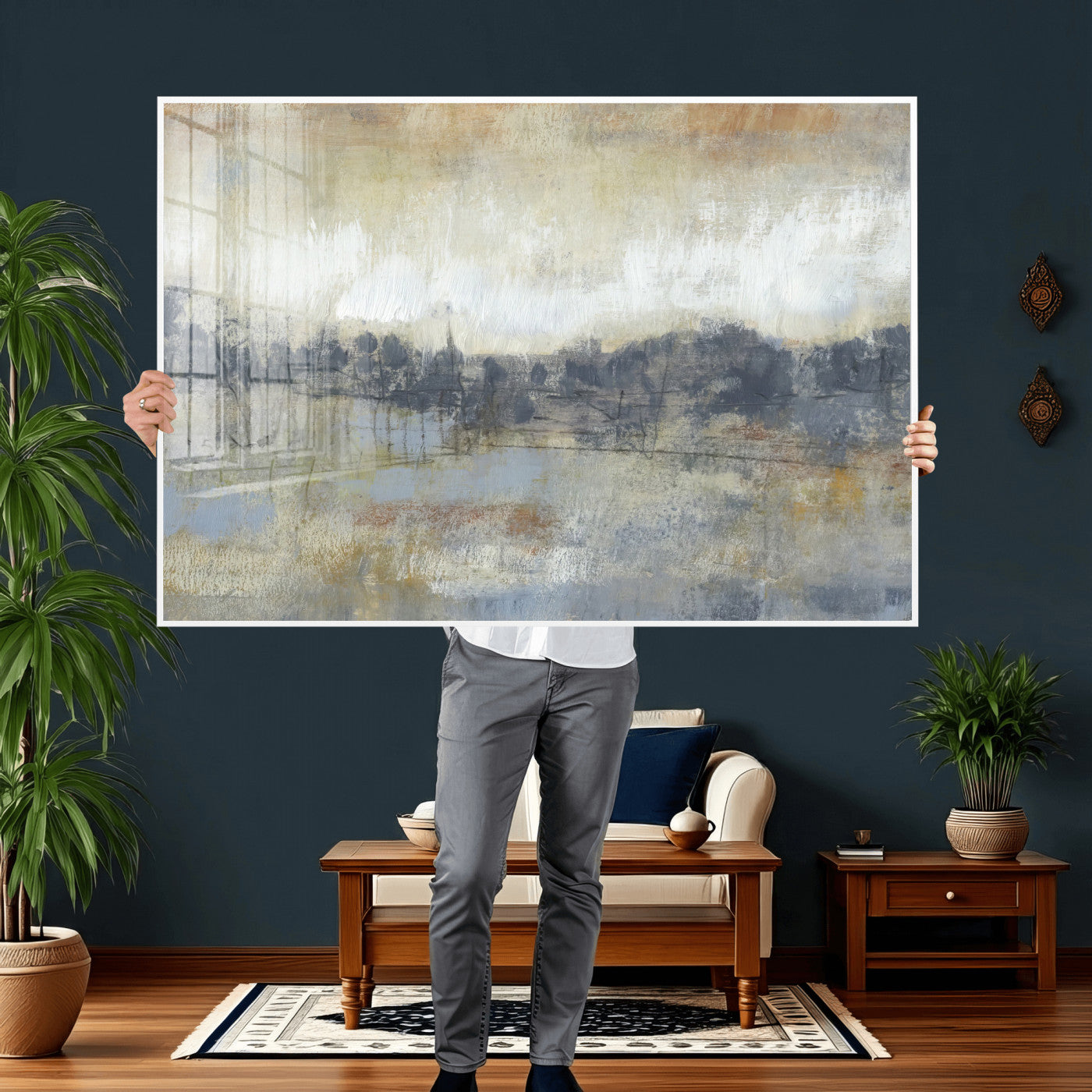 73973590-MGV-CV-36X24 - Abstract Neutral Landscape Painting Wall Art Canvas Print, Modern Minimal Texture Horizon Canvas Print, Beige Gray Contemporary Abstract Art Printing